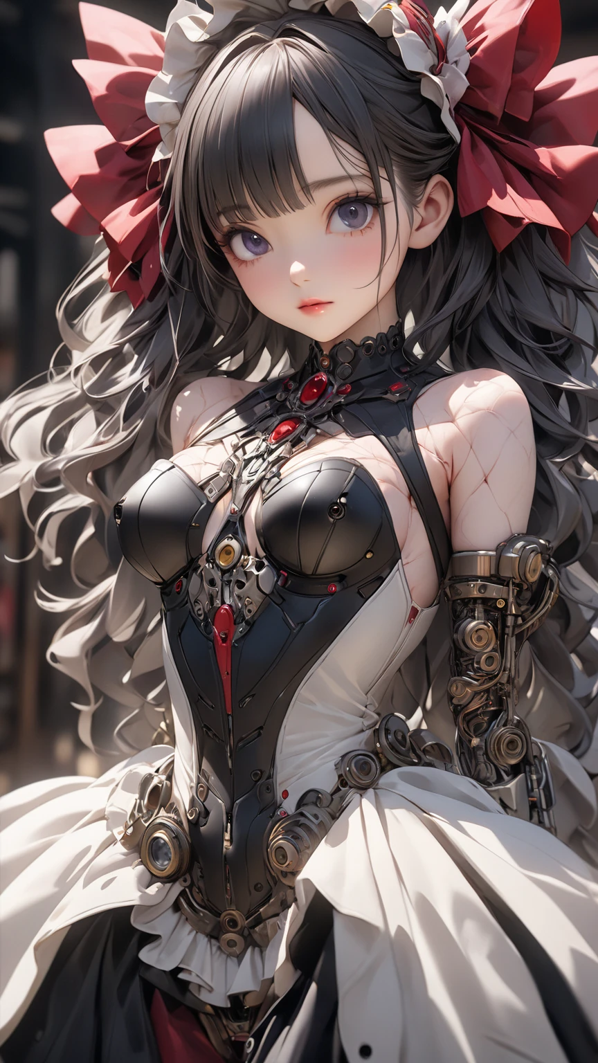 (RAW photo, Best quality, Masterpiece:1.2)、 (Realistic, photo-realistic:1.4)、(Masterpiece:1.4)、(Best quality:1.4,、Rendu portrait 8k、（Fidelity、Fidelity：1.4）、Look up、simplebackground、Flying wing zero、full bodyesbian、sci-fy、mechs、Up、machine girl、The girl wears a maid outfit、Exposed flesh、huge tit、Exposed chest、showing white panties、short  skirt、looks into camera、Cute、Full body appearance、black lence stockings、Suspenders、Suspenders、beautifullegs、delicate finger、With a slight smile、Crossed waist with one hand、Mecha Maiden、duck sitting