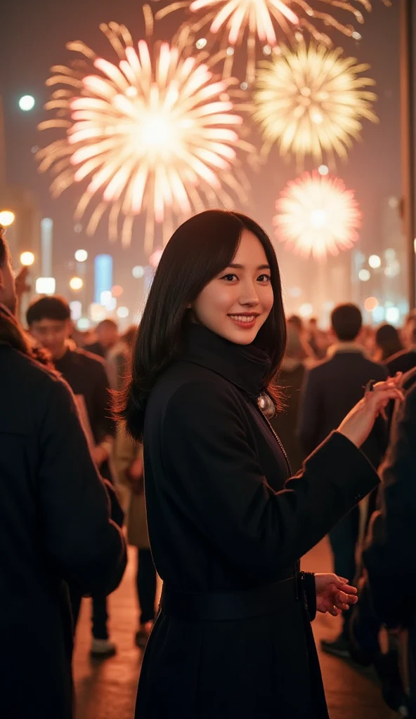 A vibrant and festive New Year  scene at night, featuring a crowd of people celebrating outdoors. The focus is on silhouetted figures with their hands raised in joy and excitement, facing a dazzling display of fireworks lighting up the night sky. The fireworks are colorful and dynamic, casting warm and golden hues over the crowd and creating a magical atmosphere. In the foreground, a woman is standing slightly apart from the crowd, turning back toward the viewer with a cheerful and inviting expression. She has her arm extended as if gesturing for someone to join the celebration. She is wearing a stylish winter coat and scarf, her face softly illuminated by the glow of the fireworks. She has black, medium-length curly hair that frames her face beautifully, adding to her charm. The composition conveys a sense of warmth, joy, and the excitement of celebrating the New Year in a lively and magical setting.