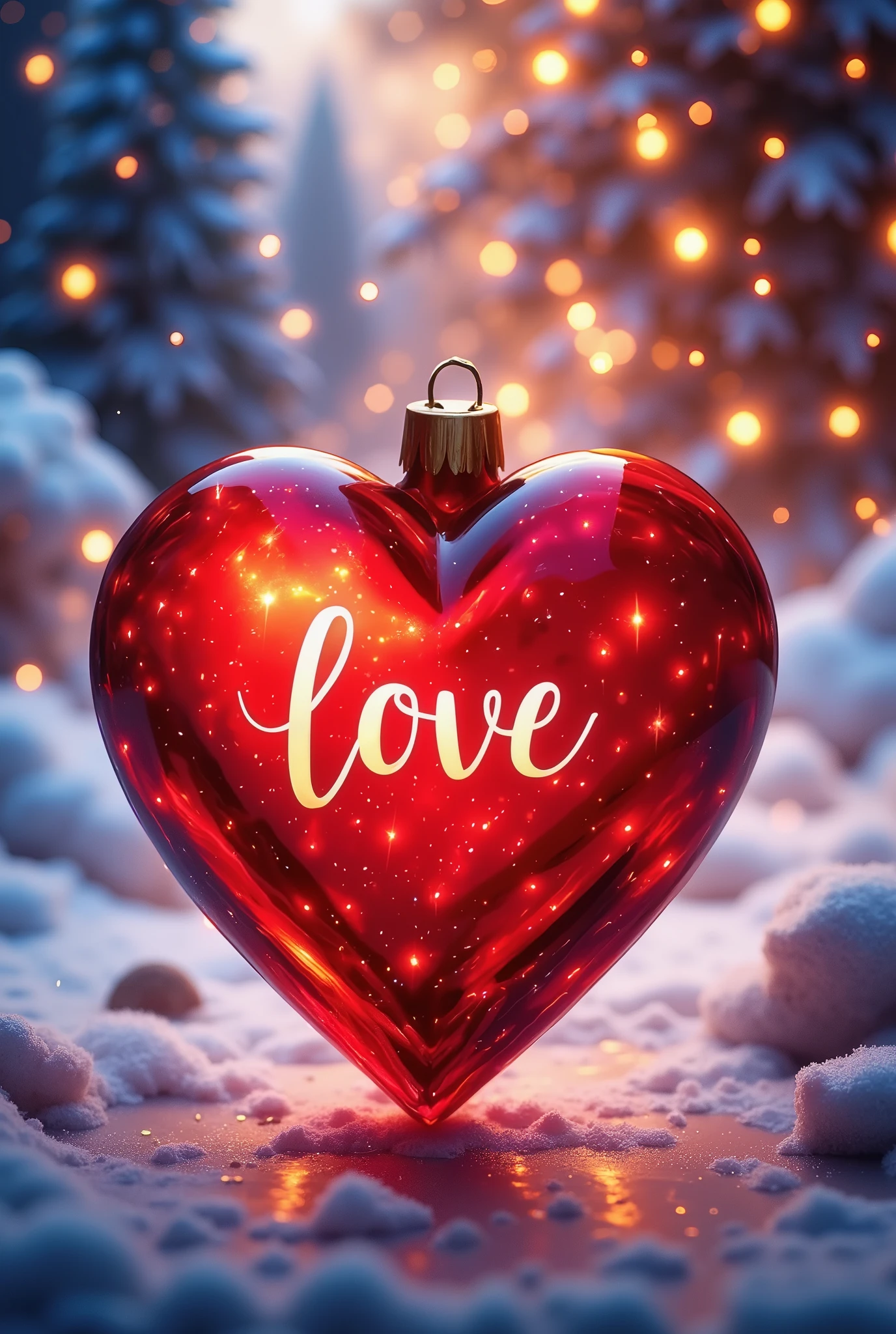 Beautiful Christmas toy made of red glass in the shape of a heart with sparkles and an inscription "Love"  is very beautiful,  masterpiece fails, 8 k,  maximum quality,  better quality ,  complex details , 