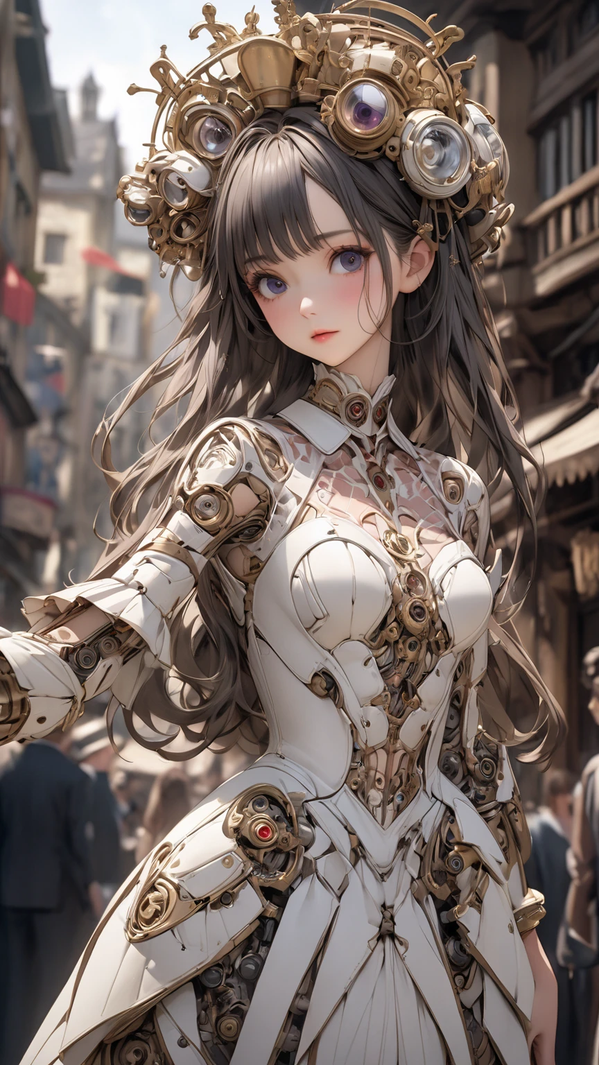 (8k, highest quality, masterpiece:1.2), (Realistic, photo-Realistic:1.37), Very detailed,Beautifully detailed sky,(highest quality),((Very delicate and beautiful)),((Cover your chest)),Cinematic Light,(1 Mechanical Girl),alone, (masterpiece, highest quality, highest quality, Official Art, beautifully、aesthetic:1.2), (A beautiful woman with a baby face), Very detailed,(Fractal Art:1.3),colorful,Most detailed, Background with fractals and mechanical steampunk details