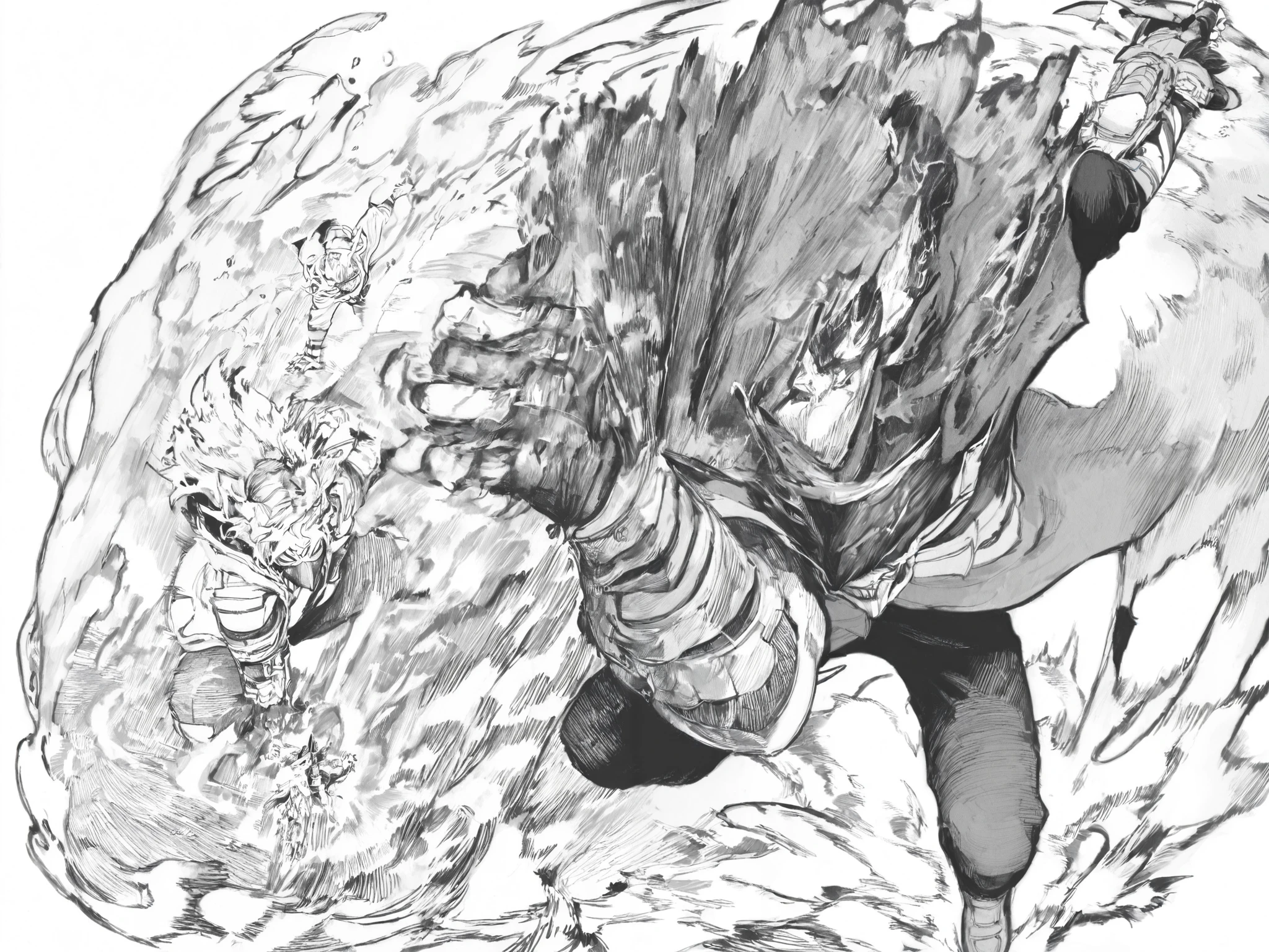 score_9, score_8_up, score_7_up, score_6_up, score_5_up, score_4_up, Kohei Horikoshi, My Hero Academia, kentaro_miura_style, monochrome, greyscale
BREAK
(masterpiece: 1.0), best quality, monochrome, greyscale, crosshatching, directional hatching, gradients in shading, perfection, highly detailed hatching /texture/, extremely shaded
BREAK
1girl, Asian, long detailed hair, dynamic pose, foreshortening, shark finned gauntlets, shark finned hoodie, mask, action pose, high angle, 