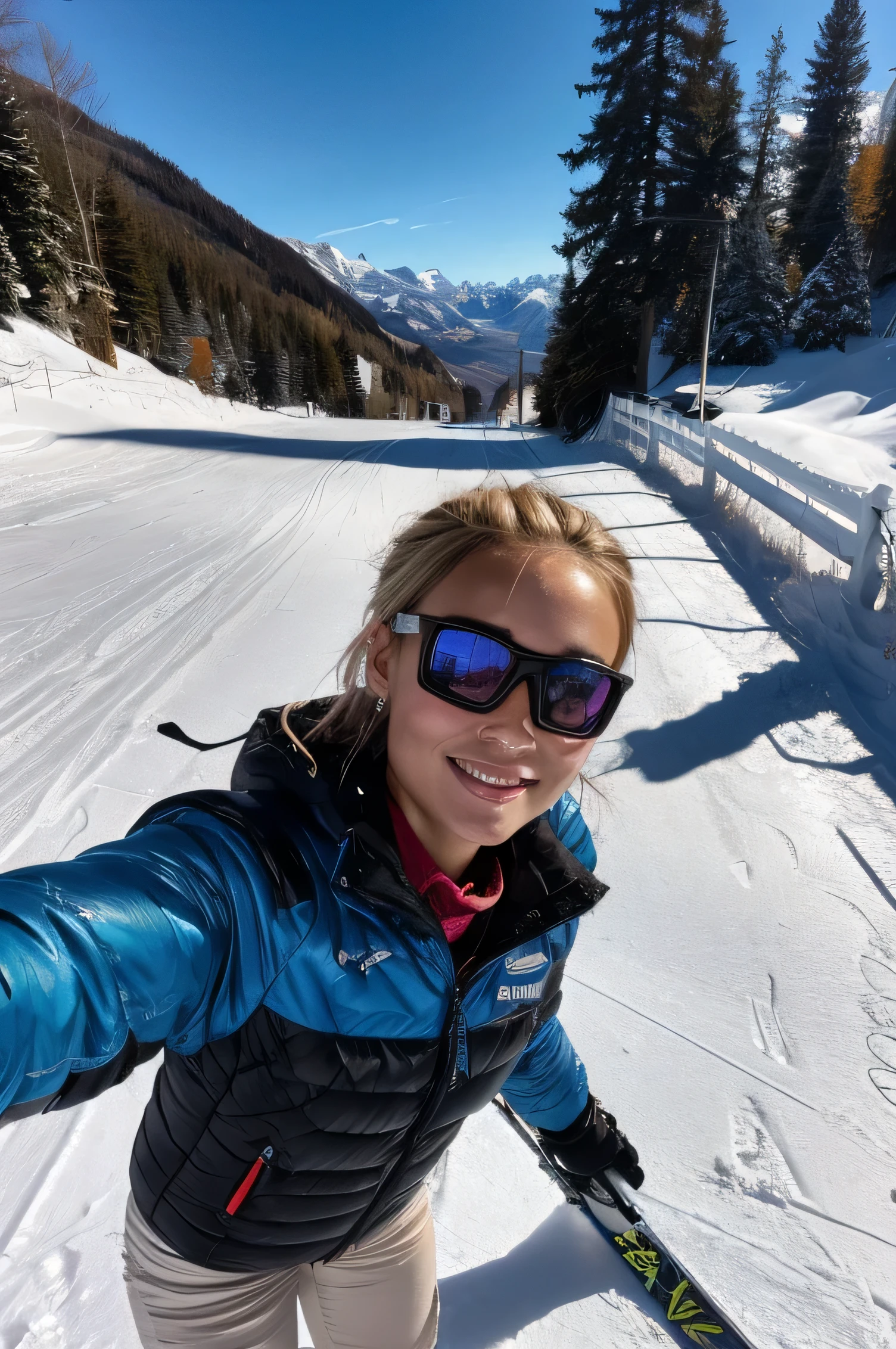 A young woman, 20 years old, Her father comes from Asia, her mother from Germany. She is slim and has slightly tanned skin ,( Her hair is short and blonde), Your eyes are blue, She has a charming smile and is small , sweet dimples ,she takes a selfie of herself on the ski lift, she is warmly dressed and wants to go snowboarding,in the background there is a ski resort, she is in Aspen,Masterpiece 8K, HDR, ultra-realistic