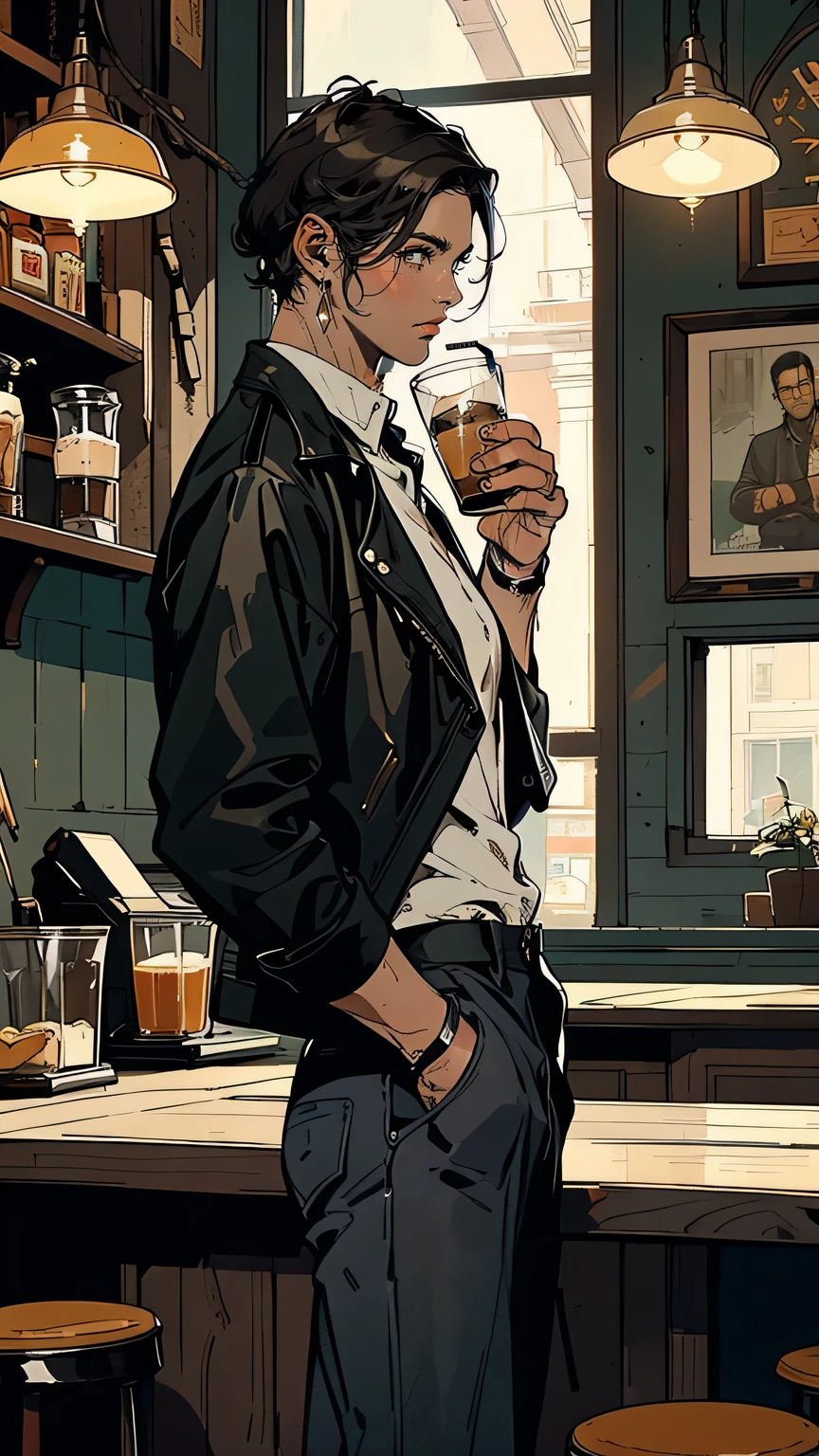 “A clever-looking Italian man in his early thirties, dressed in casual but stylish clothes—dark jeans, a leather jacket, and a white shirt. He stands casually in a modern Sicilian café, holding a cup of espresso, with a sly smile on his face. His short, messy dark hair and sharp eyes suggest he is always observing and calculating. The background features the cozy interior of the café with wooden furniture, while outside the window, the bustling street of a Sicilian town can be seen. His relaxed posture belies the dangerous secrets he holds.”