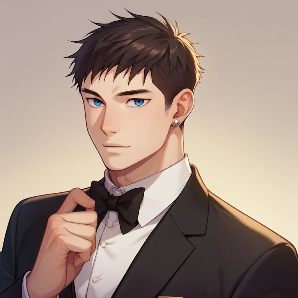 An elegant man with sharp features, short neatly styled dark hair, and piercing blue eyes, wearing a tailored black tuxedo with a crisp white shirt and a classic black bow tie