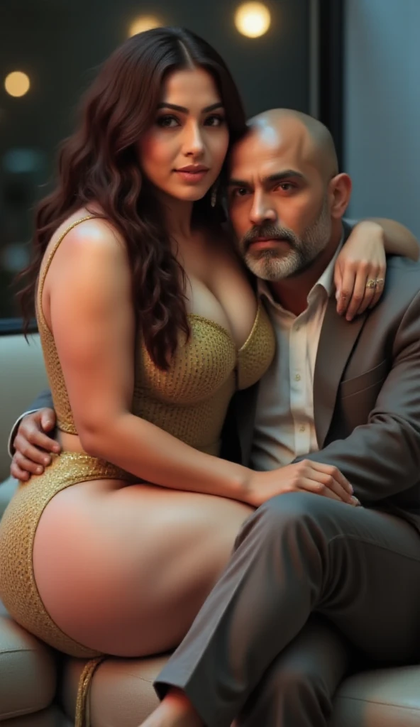  
Indian couple, tall hot healthy curvy physique mom body white skin toned south indian white skin curvy girl with long black and yellow color dyed hair, simple black bindhi, thick thighs, big perfect curvy round ass, woman wearing sexy dress(big breast and ass), indian mix african dark skin rugged old man with fat body half bald salt and pepper color hairstyle and beard, old man wearing suit, old man sitting on sofa woman sitting on sofa next to man from side wrapping her hand around man, in room, full body view, couple looking at camera, pokies