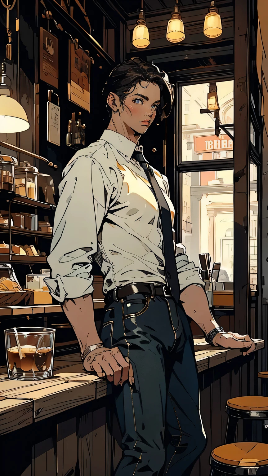 “A clever-looking Italian man in his early thirties, dressed in casual but stylish clothes—dark jeans, a leather jacket, and a white shirt. He stands casually in a modern Sicilian café, holding a cup of espresso, with a sly smile on his face. His short, messy dark hair and sharp eyes suggest he is always observing and calculating. The background features the cozy interior of the café with wooden furniture, while outside the window, the bustling street of a Sicilian town can be seen. His relaxed posture belies the dangerous secrets he holds.”