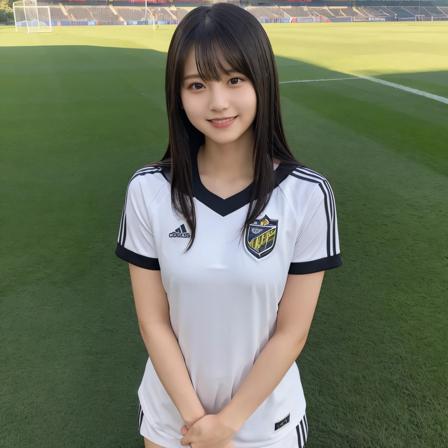  girl, busty,  black hair,  straight hair,  with bangs, lawn ground, The greatest masterpiece of soccer uniforms,  professional lighting, upper body photo, Smile