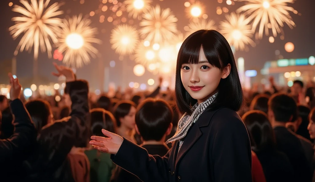 A vibrant and festive New Year  scene at night, featuring a crowd of people celebrating outdoors. The focus is on silhouetted figures with their hands raised in joy and excitement, facing a dazzling display of fireworks lighting up the night sky. The fireworks are colorful and dynamic, casting warm and golden hues over the crowd and creating a magical atmosphere. In the foreground, a woman is standing slightly apart from the crowd, turning back toward the viewer with a cheerful and inviting expression. She has her arm extended as if gesturing for someone to join the celebration. She is wearing a stylish winter coat and scarf, her face softly illuminated by the glow of the fireworks. She has black, medium-length curly hair that frames her face beautifully, adding to her charm. The composition conveys a sense of warmth, joy, and the excitement of celebrating the New Year in a lively and magical setting.