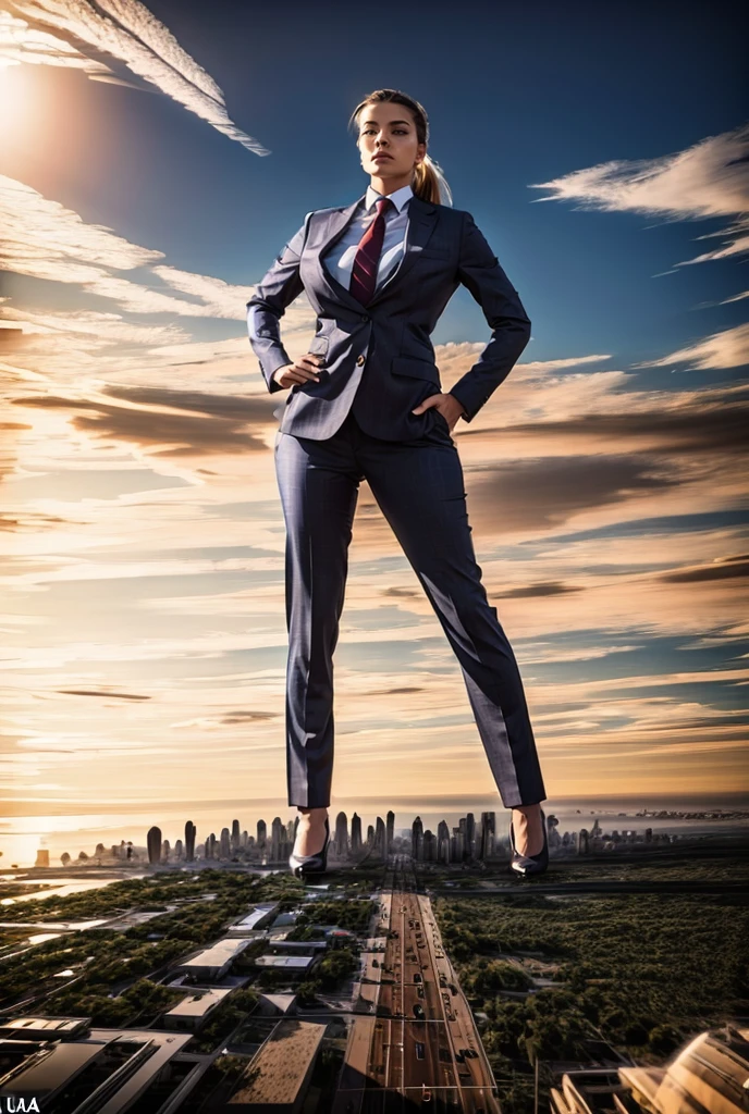 view from outer space of an approaching young giga giantess, Giantess art, 500 miles tall giga giantess, young white sophisticated and stylish woman in a blue italian trouser suit, form fitting crisp office shirt, and a large wide pasiley red necktie in a large windsor knot, with a beautiful, curvaceous figure, large natural breasts, white ginger hair in a very long ponytail, with a curvaceous figure and massive breasts. wearing rounded court high heels with uncovered feet and standing, rampage-like pose, with a city skyscrapers background of mega-city, skyscapers, bright mid day daylight, cloudy atmosphere. The image is a high-resolution, masterpiece-quality, cinematic, ultra-detailed, and hyper-photorealistic photograph, with perfect hands, face, and lighting. ultra-detailed, 8K, photo-realistic, hyper-realistic, masterpiece, intricate details, full body view. Looking pasted camera, The image is a high-resolution, masterpiece-quality, cinematic, ultra-detailed, and hyper-photorealistic photograph, with perfect hands, face, and lighting. ultra-detailed, 8K, photo-realistic, hyper-realistic, masterpiece, intricate details, from far down below