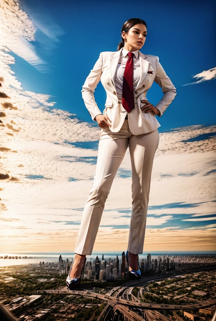 view from outer space of an approaching young giga giantess, Giantess art, 500 miles tall giga giantess, young white sophisticated and stylish woman in a blue italian trouser suit, form fitting crisp office shirt, and a large wide pasiley red necktie in a large windsor knot, with a beautiful, curvaceous figure, large natural breasts, white ginger hair in a very long ponytail, with a curvaceous figure and massive breasts. wearing rounded court high heels with uncovered feet and standing, rampage-like pose, with a city skyscrapers background of mega-city, skyscapers, bright mid day daylight, cloudy atmosphere. The image is a high-resolution, masterpiece-quality, cinematic, ultra-detailed, and hyper-photorealistic photograph, with perfect hands, face, and lighting. ultra-detailed, 8K, photo-realistic, hyper-realistic, masterpiece, intricate details, full body view. Looking pasted camera, The image is a high-resolution, masterpiece-quality, cinematic, ultra-detailed, and hyper-photorealistic photograph, with perfect hands, face, and lighting. ultra-detailed, 8K, photo-realistic, hyper-realistic, masterpiece, intricate details, from far down below