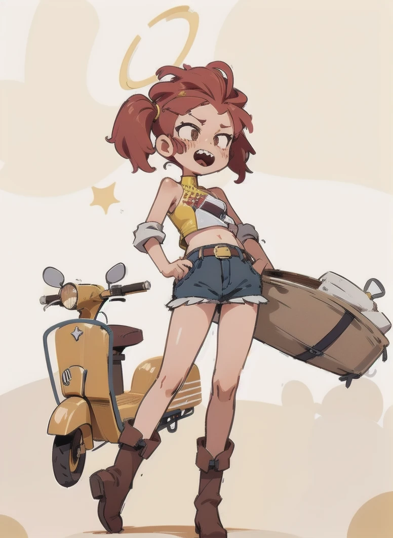 cowgirl, cowboy_hat, belt_buckle, sharp teeth, halo, micro shorts, 1girl, Alone,  full body, western drama,  western boots, vespa150vl1t1955 , tanlines