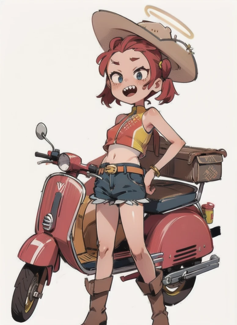 cowgirl, cowboy_hat, belt_buckle, sharp teeth, halo, micro shorts, 1girl, Alone,  full body, western drama,  western boots, vespa150vl1t1955 , tanlines