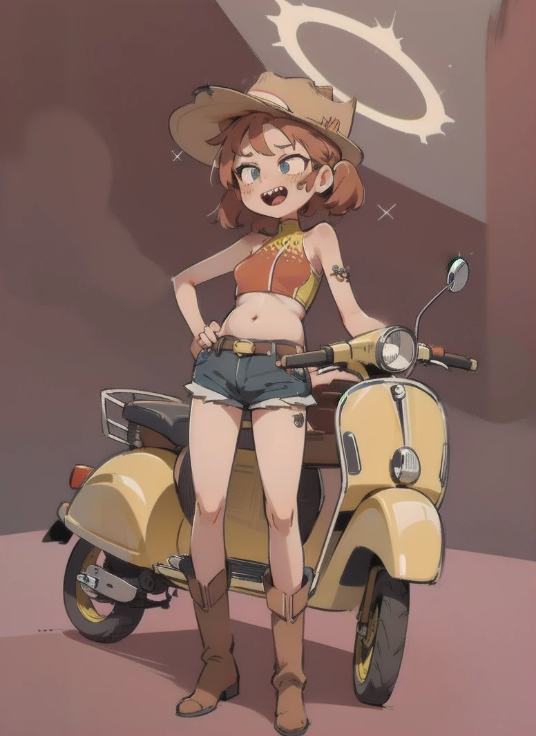 cowgirl, cowboy_hat, belt_buckle, sharp teeth, halo, micro shorts, 1girl, Alone,  full body, western drama,  western boots, vespa150vl1t1955 , tanlines