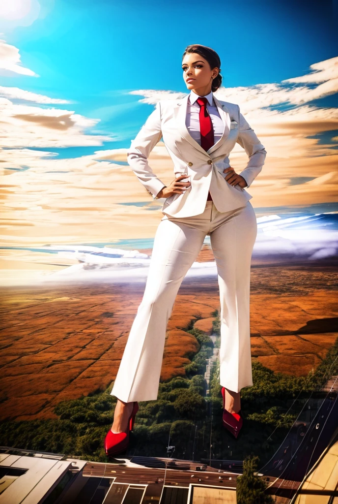 view from outer space of an approaching young giga giantess, Giantess art, 500 miles tall giga giantess, young white sophisticated and stylish woman in a blue italian trouser suit, form fitting crisp office shirt, and a large wide pasiley red necktie in a large windsor knot, with a beautiful, curvaceous figure, large natural breasts, white ginger hair in a very long ponytail, with a curvaceous figure and massive breasts. wearing rounded court high heels with uncovered feet and standing, rampage-like pose, with a city skyscrapers background of mega-city, skyscapers, bright mid day daylight, cloudy atmosphere. The image is a high-resolution, masterpiece-quality, cinematic, ultra-detailed, and hyper-photorealistic photograph, with perfect hands, face, and lighting. ultra-detailed, 8K, photo-realistic, hyper-realistic, masterpiece, intricate details, full body view. Looking pasted camera, The image is a high-resolution, masterpiece-quality, cinematic, ultra-detailed, and hyper-photorealistic photograph, with perfect hands, face, and lighting. ultra-detailed, 8K, photo-realistic, hyper-realistic, masterpiece, intricate details, from far down below