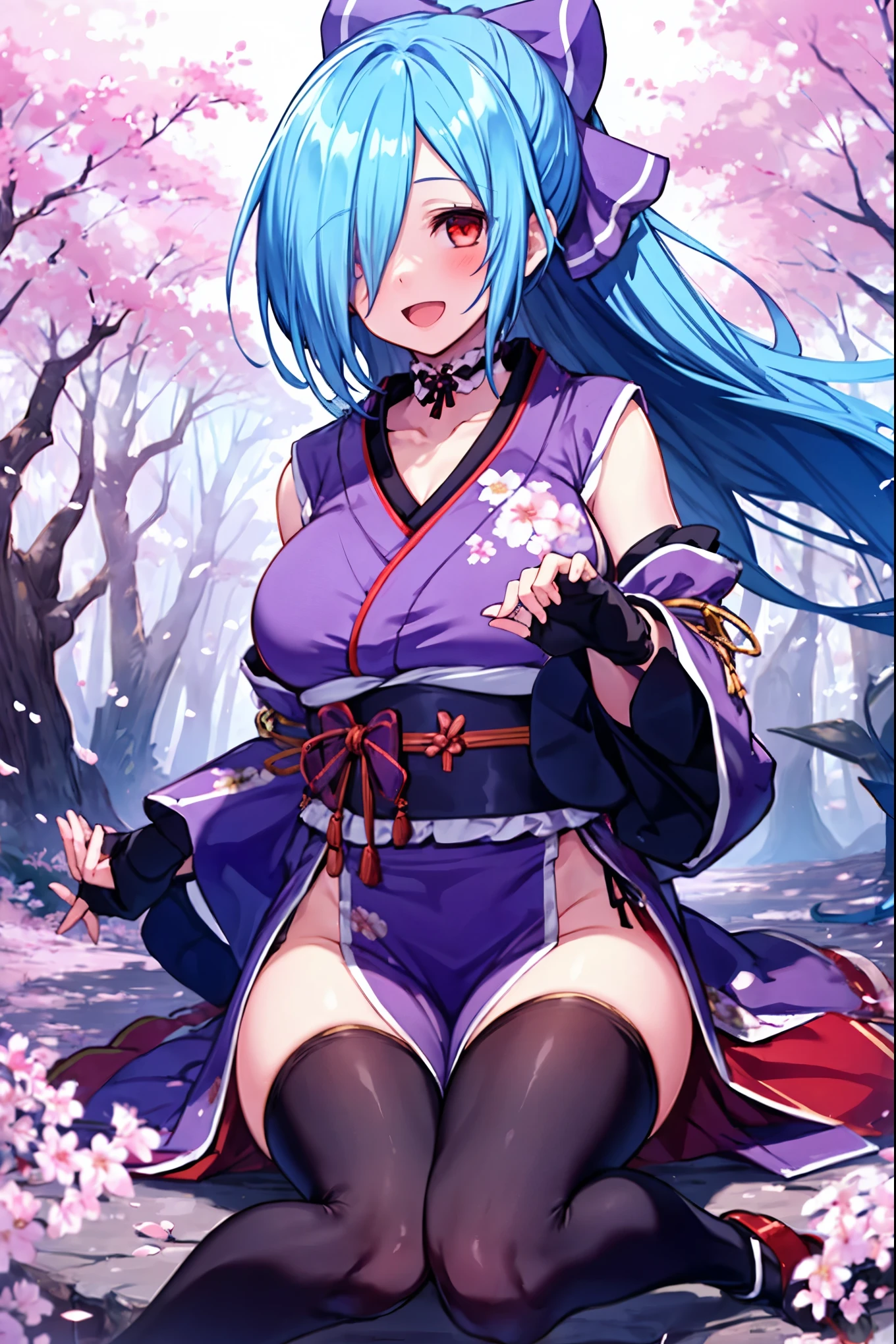 masterpiece, best quality, (1girl, solo),
yamato iori, 1ung_teirl, virtual youtuber, solo, gloves, bow, hair bow, long hair, hair over one eye, thighhighs, blue hair, fingerless gloves, red eyes, japanese clothes, full body, detached sleeves, ponytail, looking at viewer, black gloves, very long hair, (heavy&soft_large_breasts:1.4), purple bow, kimono, smile, open mouth, transparent background, kneeliog,sitting, sash, obi, purple kimono
blush,cherry blossoms,
( outdoors, forest, upper body, dynamic pose, looking at viewer, ),