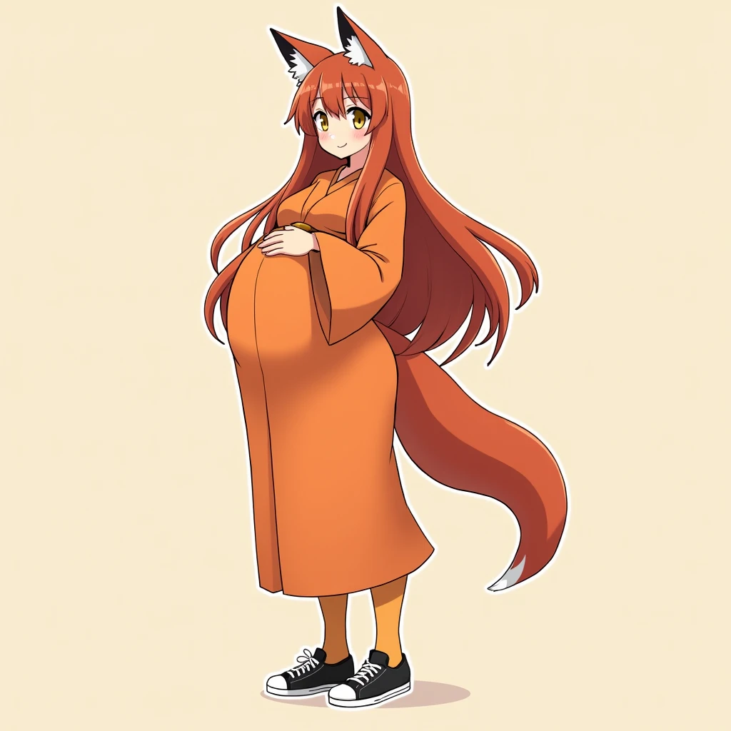 1girl with long red hair, amber eyes, fox ears, slender body, ,fox tail, red kimono, pregnant, outdoors, near lake