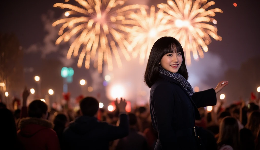 A vibrant and festive New Year  scene at night, featuring a crowd of people celebrating outdoors. The focus is on silhouetted figures with their hands raised in joy and excitement, facing a dazzling display of fireworks lighting up the night sky. The fireworks are colorful and dynamic, casting warm and golden hues over the crowd and creating a magical atmosphere. In the foreground, a woman is standing slightly apart from the crowd, turning back toward the viewer with a cheerful and inviting expression. She has her arm extended as if gesturing for someone to join the celebration. She is wearing a stylish winter coat and scarf, her face softly illuminated by the glow of the fireworks. She has black, medium-length curly hair that frames her face beautifully, adding to her charm. The composition conveys a sense of warmth, joy, and the excitement of celebrating the New Year in a lively and magical setting.