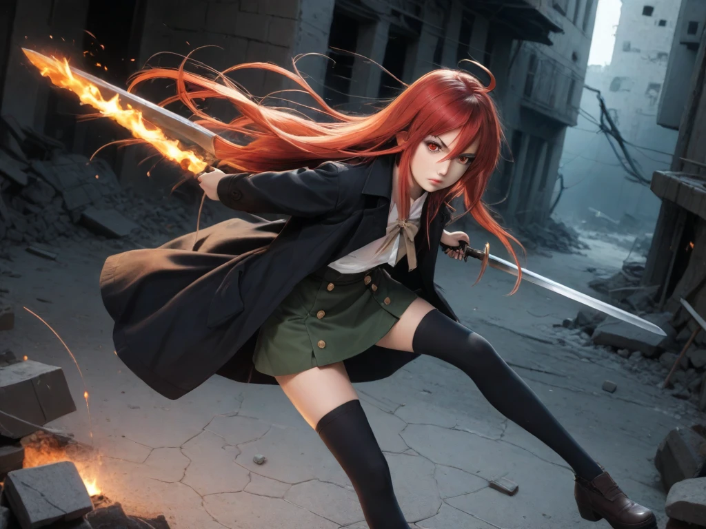 1 girl, cowboy shot, rubble ruins, anger, (battle preparation:1.2), open your mouth, (night:1.2), explosive inflammation,shana, red eyes, redhead, very long hair, hair between eyes, (Ahoge:1.1), explosive flame,abandoned building,rubble serafuku, , short sleeve, green skirt, Thighhighs,long Japanese sword wrapped in flames..,highest quality, masterpiece, High resolution, black long coat,
shana, red eyes, red hair, very long hair, hair between eyes, ahoge),  score_9, score_8_up, score_7_up, source_anime, Swing a sword with both hands ,(photo realistic:1.4),(realistic skin:1.4),photo realistic