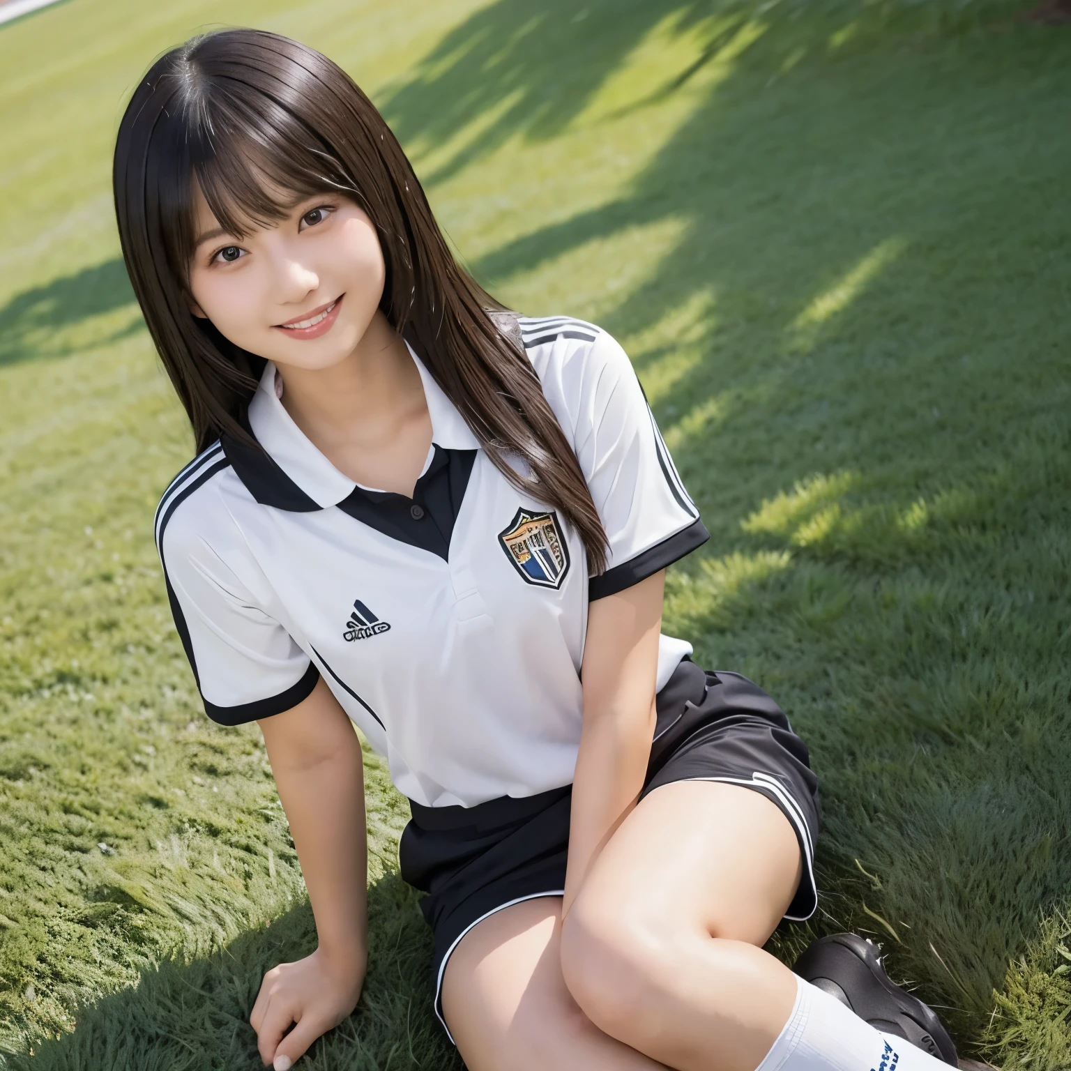  girl, busty,  black hair,  straight hair,  with bangs, lawn ground, The greatest masterpiece of soccer uniforms,  professional lighting, upper body photo, Smile