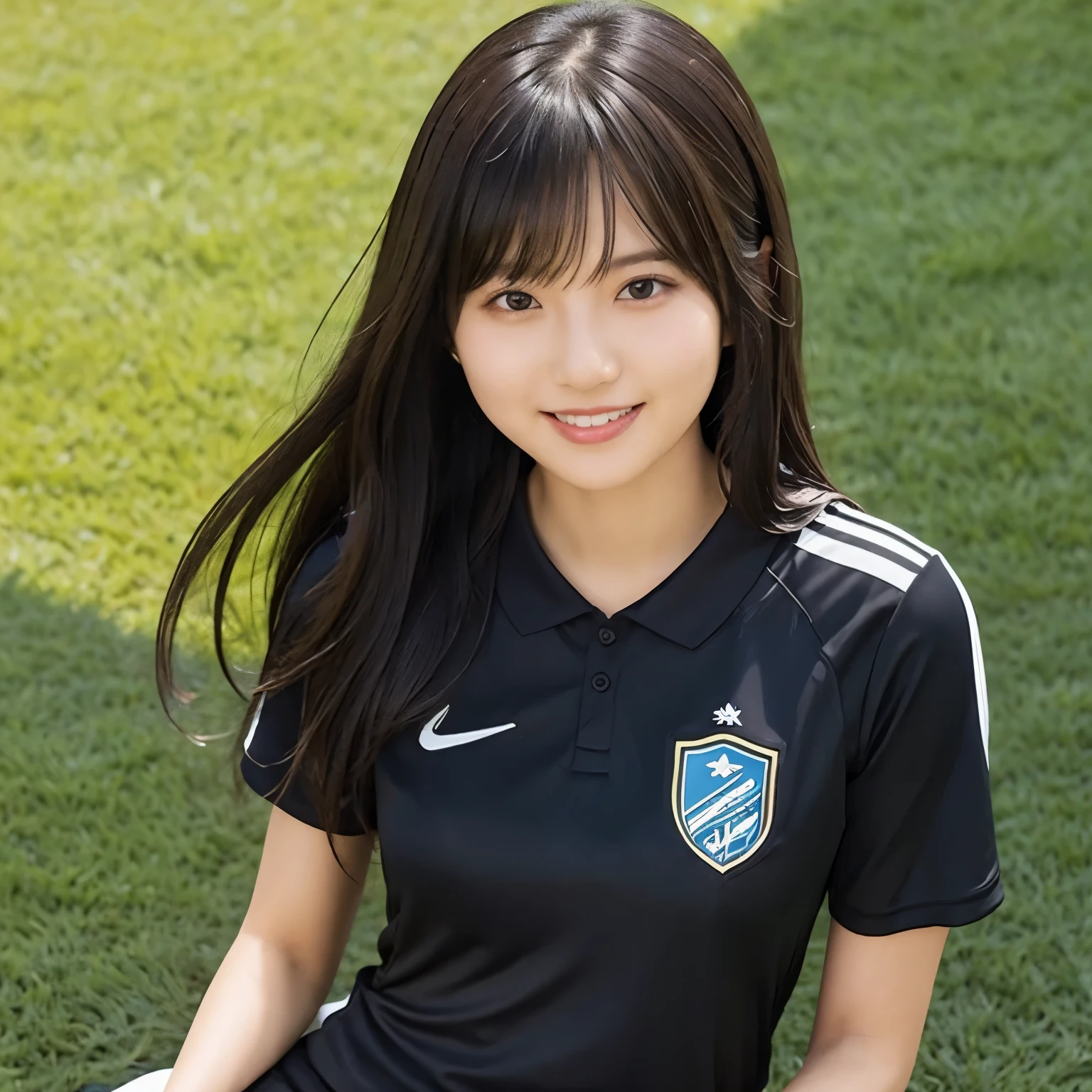  girl, busty,  black hair,  straight hair,  with bangs, lawn ground, The greatest masterpiece of soccer uniforms,  professional lighting, upper body photo, Smile