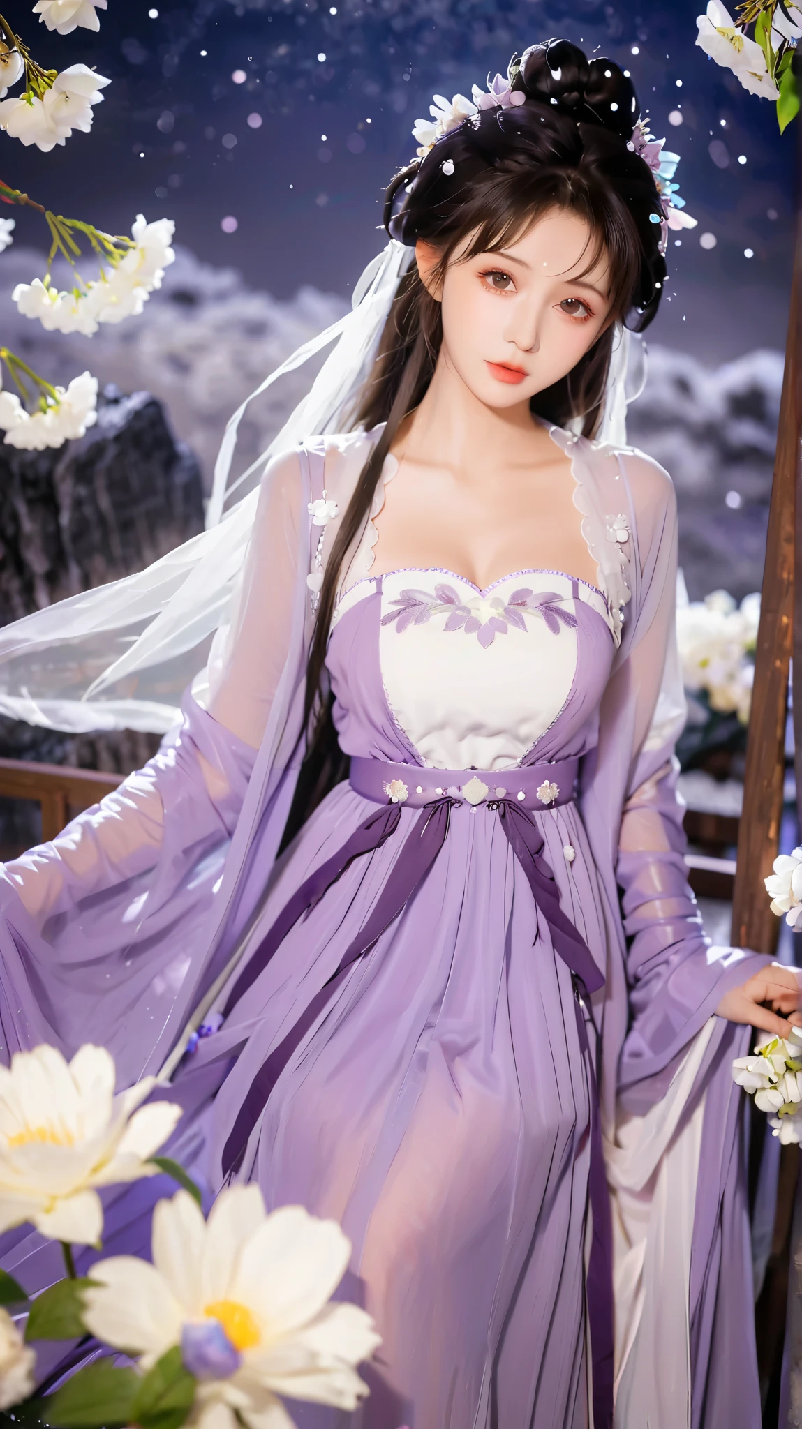  in a purple dress 、头发上有花朵的Anime Girl, very 美丽的Anime Girl, 美丽的Anime Girl,  beautiful fantasy anime , Gu Weiss, Anime Girl, 美丽的Anime Girl,  very pretty cute girl ,  purple flowers,  background blur, Anime style 4K, Anime fantasy work , 4k anime wallpaper,  Guvez style artwork 