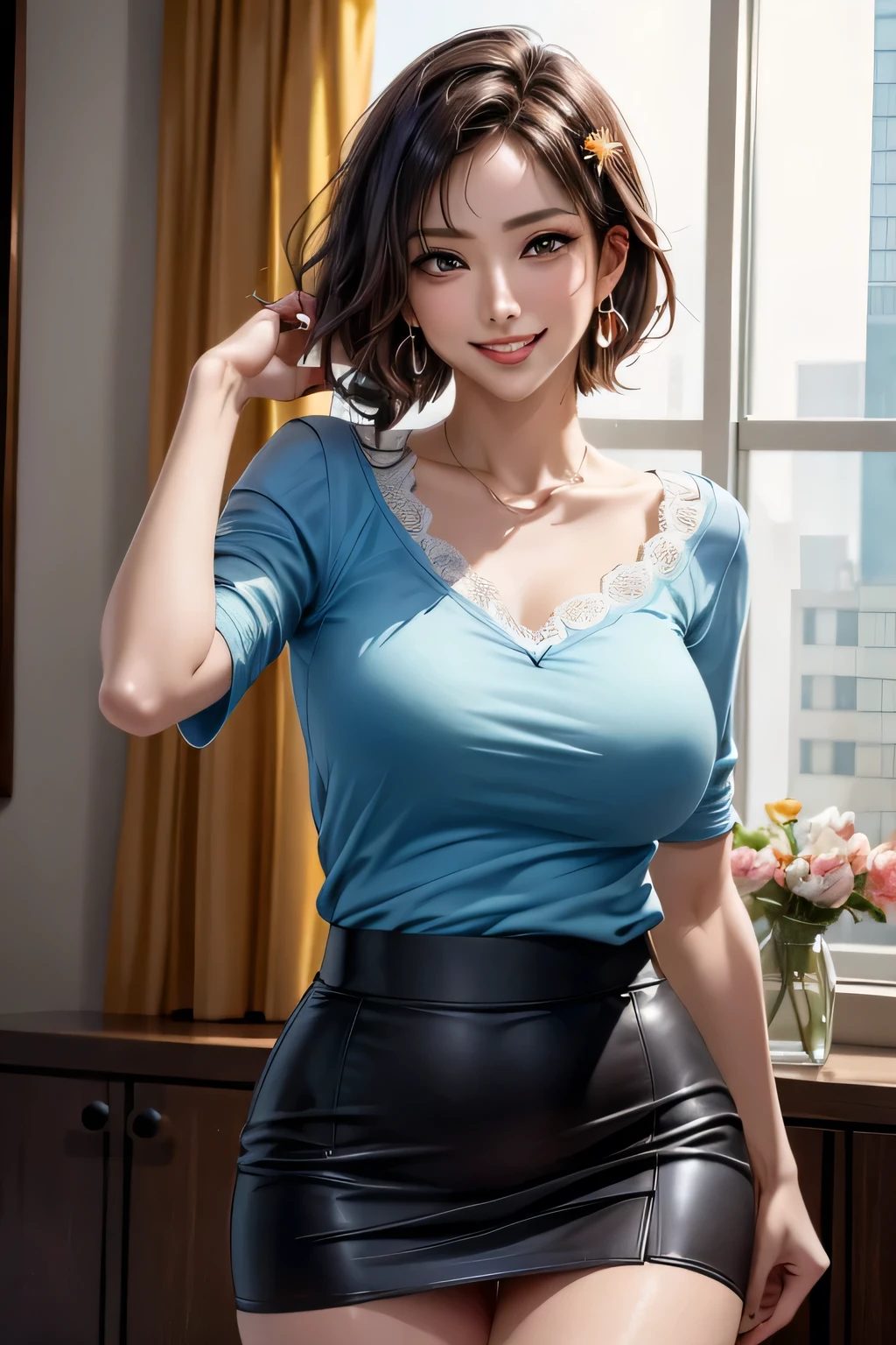 ((((masterpiece, top quality , high res)))), Extremely Detailed 8K , Beautiful , (, very detailed, very detailed, Extremely Realistic, super real , Photo realistic), ( one woman), beautiful, very detailed顔, fine grain, ( eyelash ), double eyelids, grin, ( Realistic black hair), ( short wavy hair , hair ornament, earrings for women with first name), ( dynamic pose), with pigtails , View your viewers, ( blancing, embarrassing, smile), (Sharp Eye), ( big and firm breasts with a plump body :1.2), ( beautiful face with a plump body, beautiful detail-oriented eyes), ((blouse, Tight Miniskirt )), ( detailed vagina), (stand up), sweat, Shine, (Sunbeam, sunlight), (( cowboy shot )), Hotel, attractive