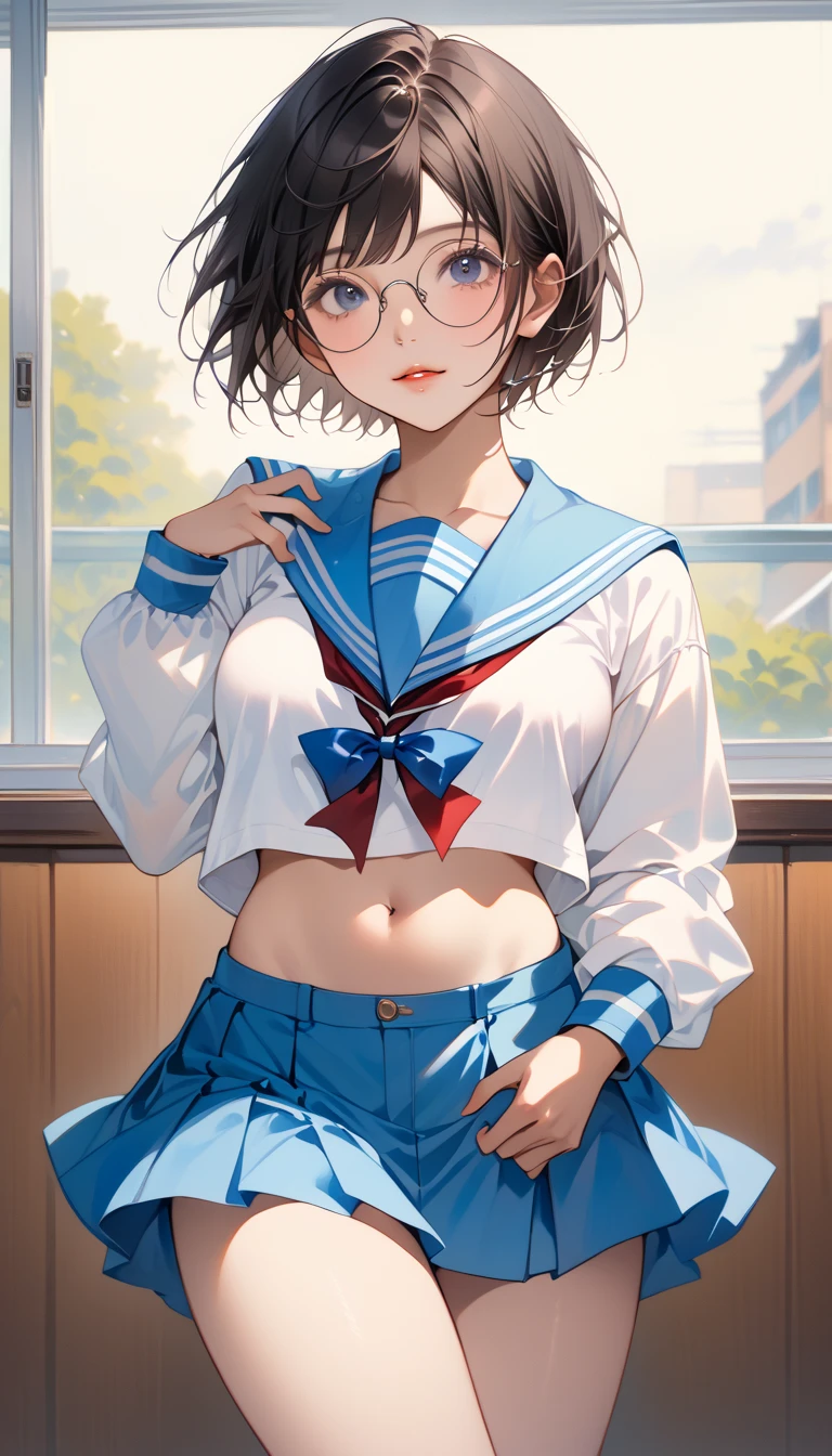 score_9, score_8_Excellent, score_7_Excellent, Realistic:1.2, realistic face and eyes:1.3, Realistic skin:1.3, Japanese idol photos, Beautiful young idol, 1, Perfect model body shape., tomboy, (very short hair, pixie cut, Black Hair), circle-glasses, (((Captivating beauty))), big eyes, double eyelid, Attractive eyes, Glossy Lips, perfect female body, Big Breasts:1.8, Cleavage, Firm stomach, (((belly button))), Round ass:1.4, Toned thighs, Beautiful hands and feet, very good, KitaHighFemaleWinter, white shirt, blue sailor collar, long sleeves, red ribbon, blue skirt, Seductive pose, class room, school Background, Attention to detail, Anatomically correct, Textured skin, high quality