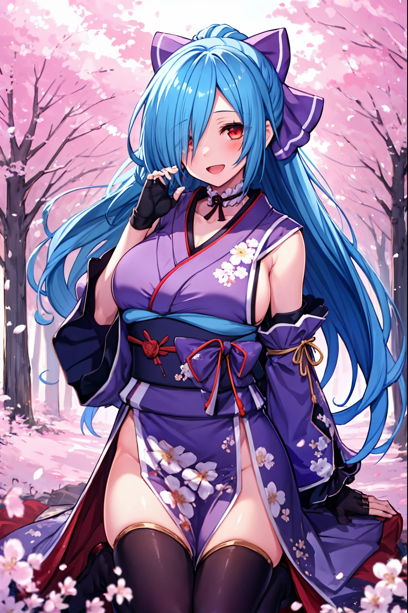 masterpiece, best quality, (1girl, solo),
yamato iori, 1ung_teirl, virtual youtuber, solo, gloves, bow, hair bow, long hair, hair over one eye, thighhighs, blue hair, fingerless gloves, red eyes, japanese clothes, full body, detached sleeves, ponytail, looking at viewer, black gloves, very long hair, (heavy&soft_large_breasts:1.4), purple bow, kimono, smile, open mouth, transparent background, kneeliog,sitting, sash, obi, purple kimono
blush,cherry blossoms,
( outdoors, forest, upper body, dynamic pose, looking at viewer, ),