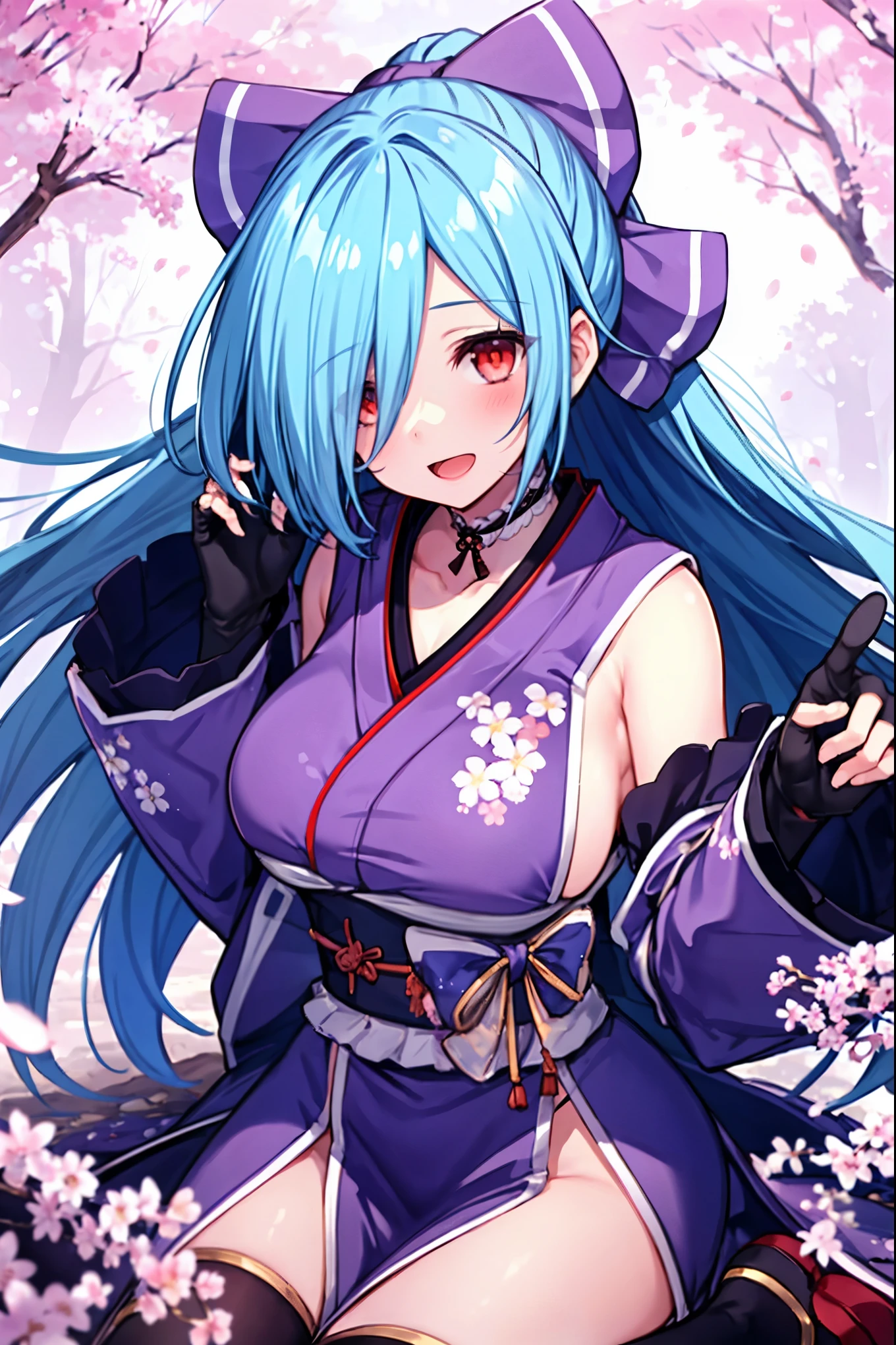 masterpiece, best quality, (1girl, solo),
yamato iori, 1ung_teirl, virtual youtuber, solo, gloves, bow, hair bow, long hair, hair over one eye, thighhighs, blue hair, fingerless gloves, red eyes, japanese clothes, full body, detached sleeves, ponytail, looking at viewer, black gloves, very long hair, (heavy&soft_large_breasts:1.4), purple bow, kimono, smile, open mouth, transparent background, kneeliog,sitting, sash, obi, purple kimono
blush,cherry blossoms,
( outdoors, forest, upper body, dynamic pose, looking at viewer, ),