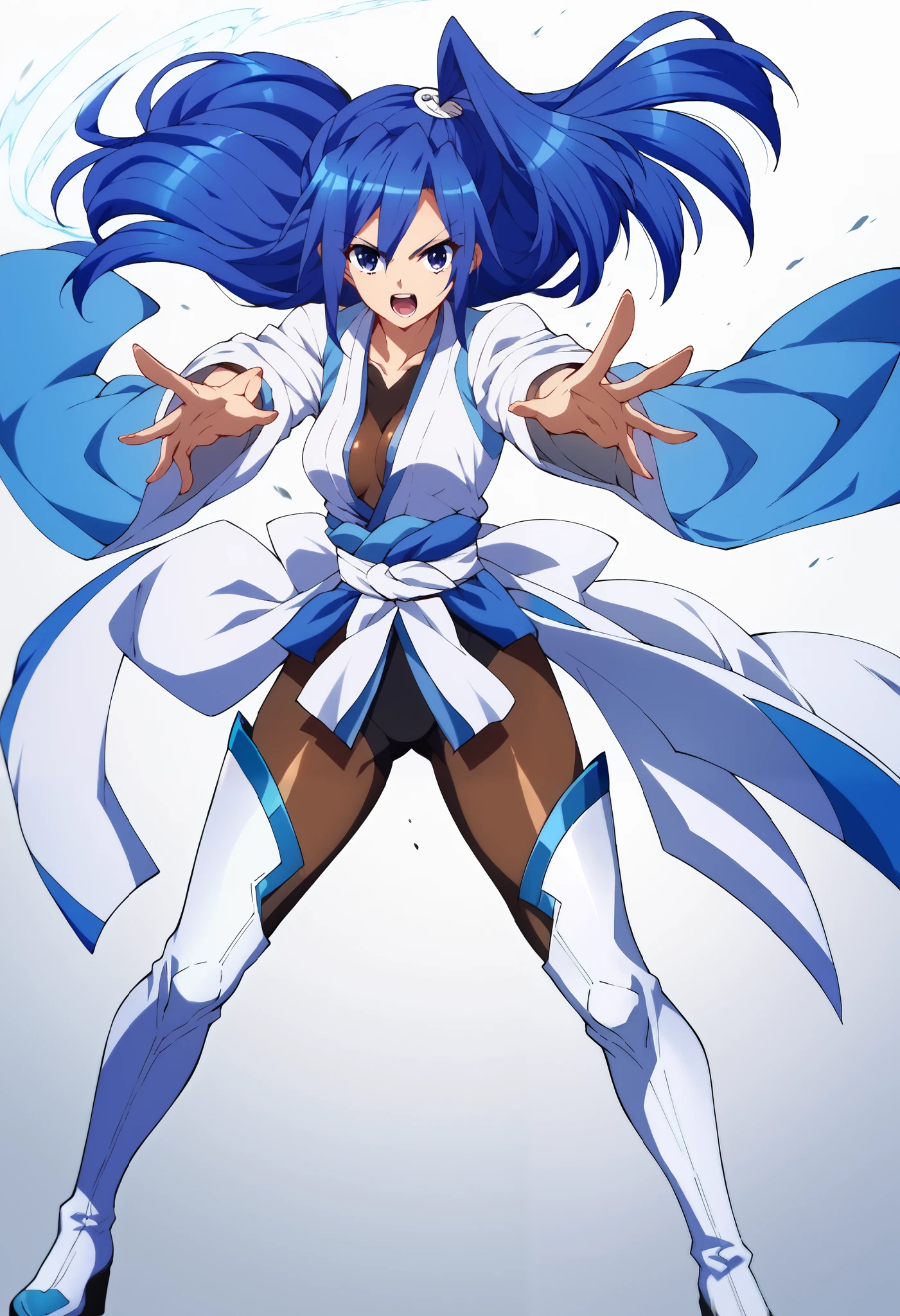 score_9, score_8_up, score_7_up, score_6_up, score_5_up, score_4_up, masterpiece, anime_lineart anime coloring, solo, big thighs, thin waist, medium breasts, White background, Tsubasa Kazanari , Long hair, blue hair, one side up, purple eyes, sword, thigh boots, bodysuit Blue, fighting pose,BREAK
(kimono),fighting pose,