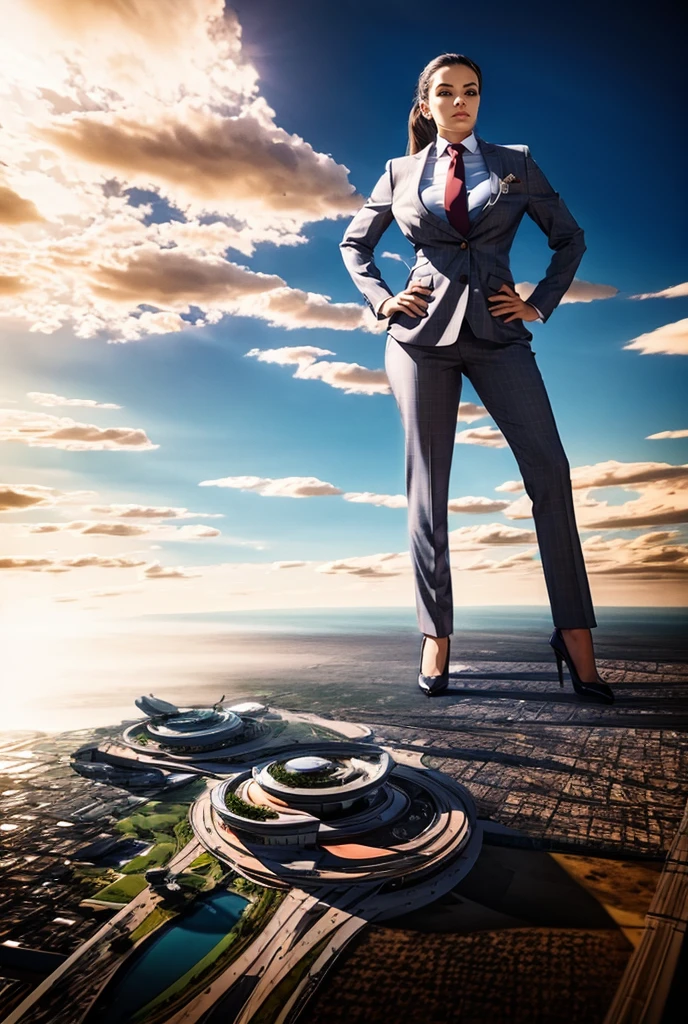 view from outer space of an approaching young giga giantess, Giantess art, 500 miles tall giga giantess, young white sophisticated and stylish woman in a blue italian trouser suit, form fitting crisp office shirt, and a large wide pasiley red necktie in a large windsor knot, with a beautiful, curvaceous figure, large natural breasts, white ginger hair in a very long ponytail, with a curvaceous figure and massive breasts. wearing rounded court high heels with uncovered feet and standing, rampage-like pose, with a city skyscrapers background of mega-city, skyscapers, bright mid day daylight, cloudy atmosphere. The image is a high-resolution, masterpiece-quality, cinematic, ultra-detailed, and hyper-photorealistic photograph, with perfect hands, face, and lighting. ultra-detailed, 8K, photo-realistic, hyper-realistic, masterpiece, intricate details, full body view. Looking pasted camera, The image is a high-resolution, masterpiece-quality, cinematic, ultra-detailed, and hyper-photorealistic photograph, with perfect hands, face, and lighting. ultra-detailed, 8K, photo-realistic, hyper-realistic, masterpiece, intricate details, from far down below