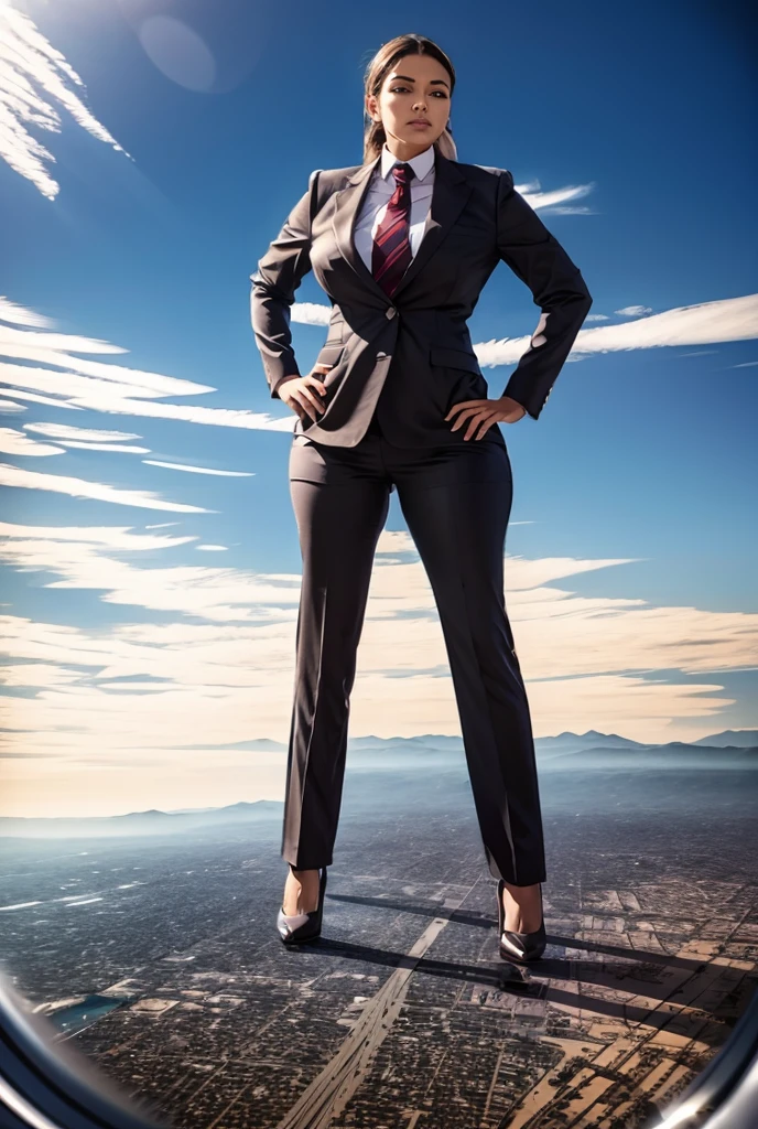 view from outer space of an approaching young giga giantess, Giantess art, 500 miles tall giga giantess, young white sophisticated and stylish woman in a blue italian trouser suit, form fitting crisp office shirt, and a large wide pasiley red necktie in a large windsor knot, with a beautiful, curvaceous figure, large natural breasts, white ginger hair in a very long ponytail, with a curvaceous figure and massive breasts. wearing rounded court high heels with uncovered feet and standing, rampage-like pose, with a city skyscrapers background of mega-city, skyscapers, bright mid day daylight, cloudy atmosphere. The image is a high-resolution, masterpiece-quality, cinematic, ultra-detailed, and hyper-photorealistic photograph, with perfect hands, face, and lighting. ultra-detailed, 8K, photo-realistic, hyper-realistic, masterpiece, intricate details, full body view. Looking pasted camera, The image is a high-resolution, masterpiece-quality, cinematic, ultra-detailed, and hyper-photorealistic photograph, with perfect hands, face, and lighting. ultra-detailed, 8K, photo-realistic, hyper-realistic, masterpiece, intricate details, from far down below