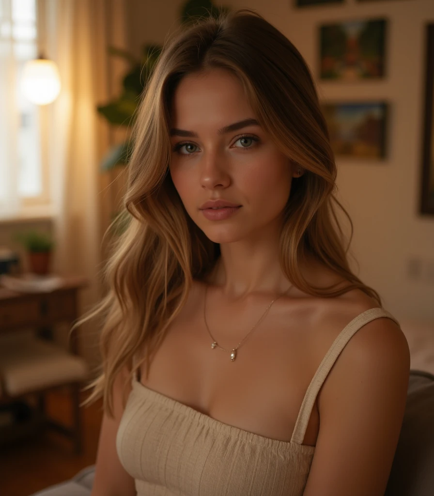 Create a highly realistic image of a 19-year-old virtual influencer named Lila Harper. She is young, with a symmetrical face, harmonious features, large expressive eyes, flawless and glowing skin, and long wavy light brown hair with golden highlights. Lila has a well-proportioned, attractive body. She is posing artistically in a creative studio setting with interesting lighting and props. Lila is wearing a stylish, modern outfit that combines elegance and edge, such as a chic, fitted blouse paired with high-waisted trousers and statement accessories. The studio features soft, ambient lighting that casts intriguing shadows, with props like abstract sculptures, vintage furniture, and artistic backdrops to enhance the visual appeal. Lila is posing confidently, with a thoughtful expression, showcasing both her beauty and the artistic atmosphere of the setting.