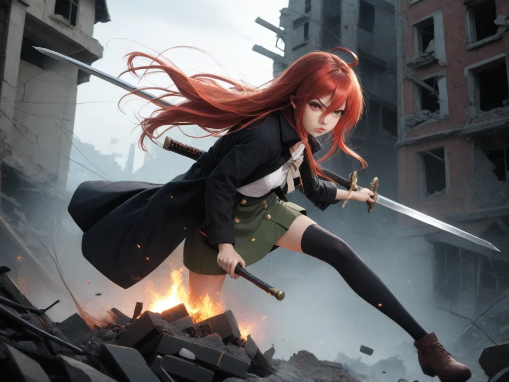 1 girl, cowboy shot, rubble ruins, anger, (battle preparation:1.2), open your mouth, (night:1.2), explosive inflammation,shana, red eyes, redhead, very long hair, hair between eyes, (Ahoge:1.1), explosive flame,abandoned building,rubble serafuku, , short sleeve, green skirt, Thighhighs,long Japanese sword wrapped in flames..,highest quality, masterpiece, High resolution, black long coat,
shana, red eyes, red hair, very long hair, hair between eyes, ahoge),  score_9, score_8_up, score_7_up, source_anime, Swing a sword with both hands ,(photo realistic:1.4),(realistic skin:1.4),photo realistic