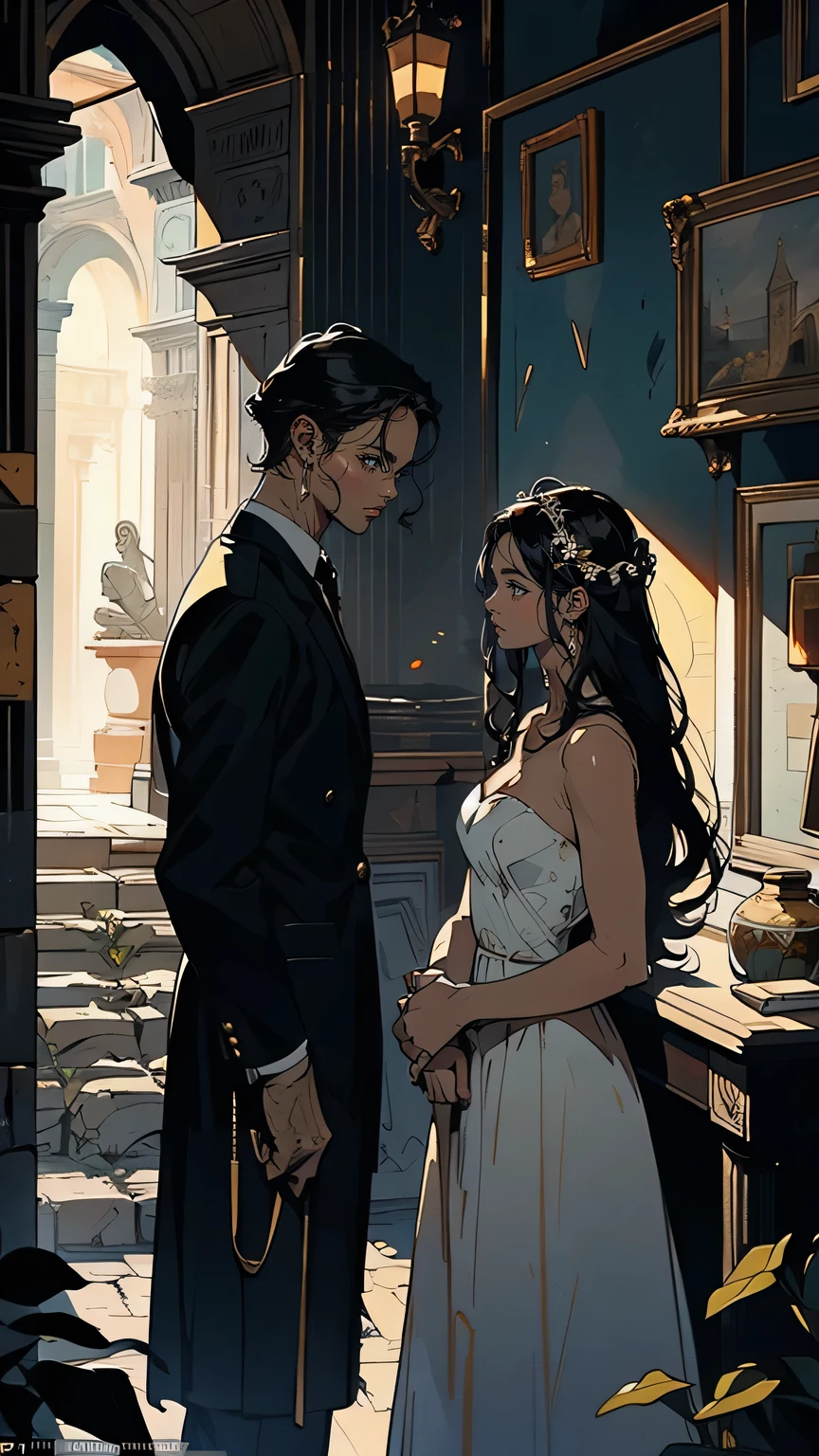 “A tense standoff at an old Sicilian courtyard, with tall stone walls covered in vines and ancient statues watching over the scene. The sun is setting, casting long shadows across the ground. On one side, Leonardo Russo and his men, all dressed in sharp, dark suits, stand ready with guns drawn. On the opposite side, Alessandra Ferrini and her family, similarly dressed in dark formal clothing, their faces hard with resolve. Between them, a large marble fountain quietly bubbles, the only sound in the tense silence. The scene is heavy with the weight of history and the inevitability of violence, as two powerful families face off for the last time.”