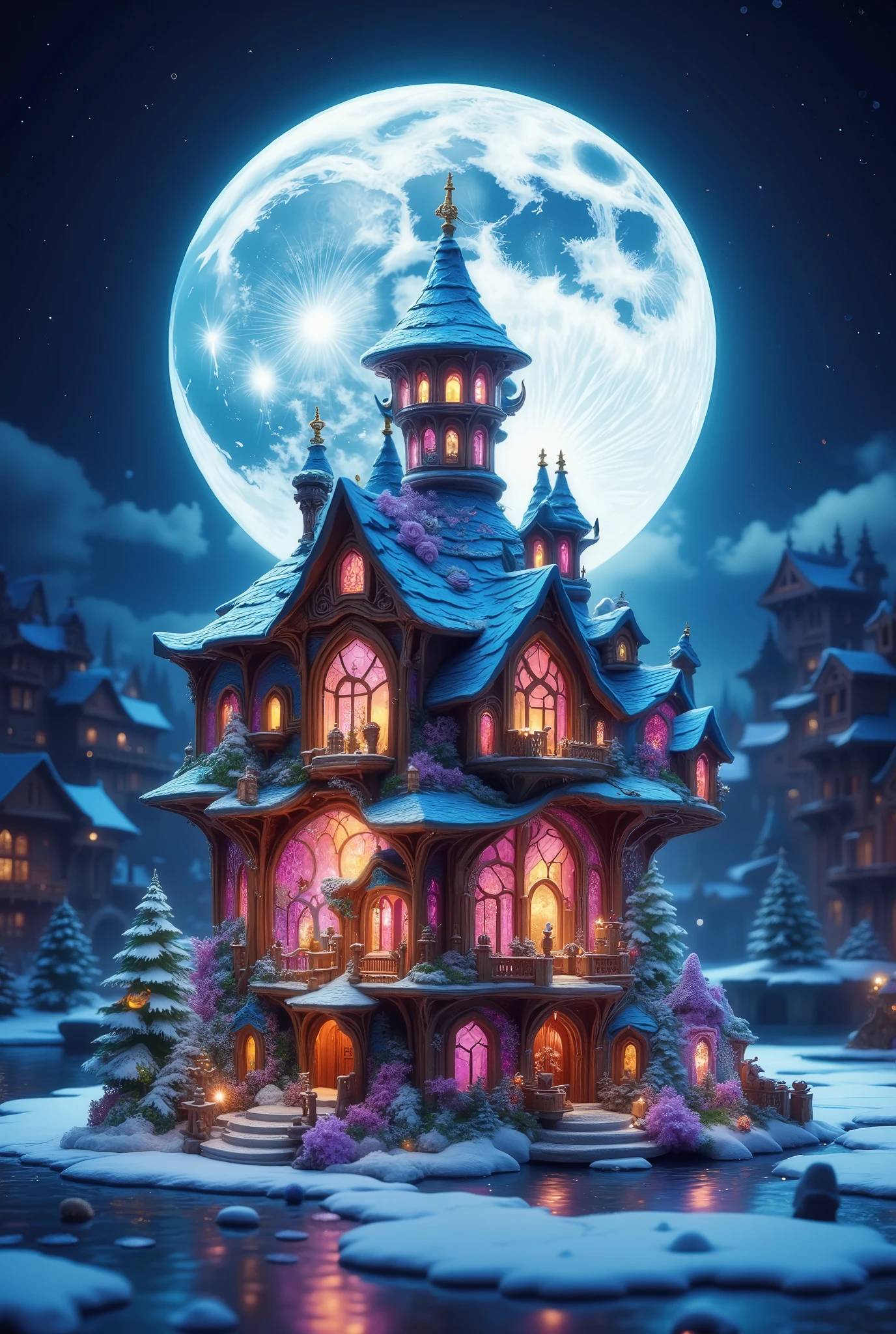 Beautiful Christmas Glass Toy in the shape of a House with the Moon above the roof,  complex details , bright colors,  maximum quality ,  better quality , 8 k,