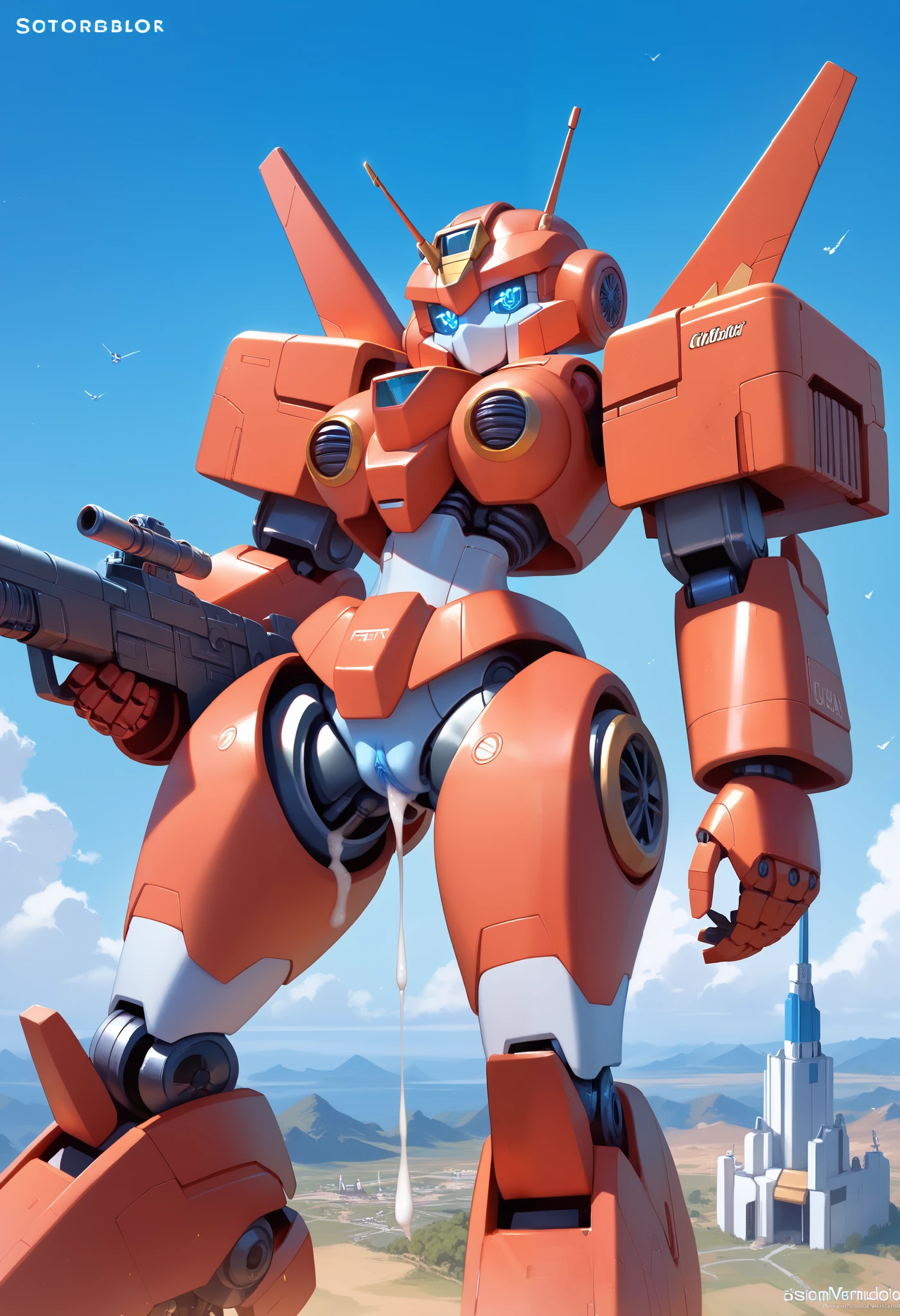  High Quality ,masterpiece, detailed depiction , battle mech ,A robot with ,First, bipedal chariot ,Gundam Style,Possess a machine gun , and hold up your gun, one robot like heavy equipment ,cool robot,robot with thick hands and legs , pussy, combat mechs ,creampie,Blue color vagina ,光るrobot eyes,cool robot face,No mouth,Well-groomed eyes,