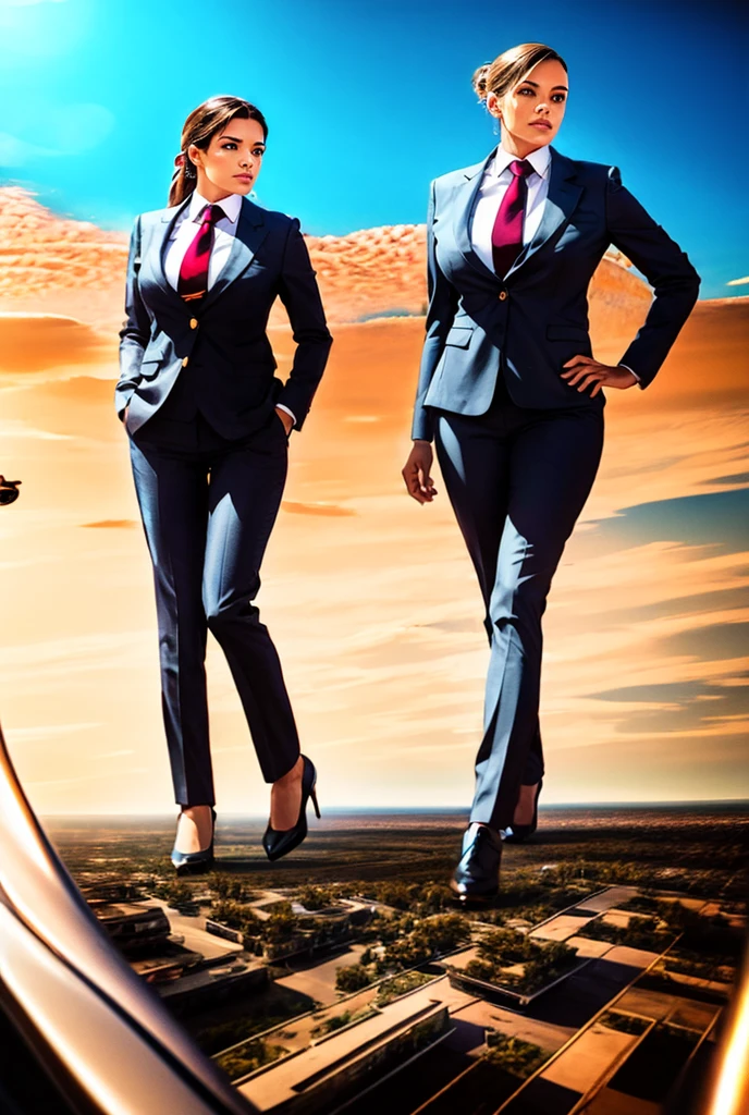 view from outer space of an approaching young giga giantess, Giantess art, 500 miles tall giga giantess, young white sophisticated and stylish woman in a blue italian trouser suit, form fitting crisp office shirt, and a large wide pasiley red necktie in a large windsor knot, with a beautiful, curvaceous figure, large natural breasts, white ginger hair in a very long ponytail, with a curvaceous figure and massive breasts. wearing rounded court high heels with uncovered feet and standing, rampage-like pose, with a city skyscrapers background of mega-city, skyscapers, bright mid day sun, cloudy atmosphere. The image is a high-resolution, masterpiece-quality, cinematic, ultra-detailed, and hyper-photorealistic photograph, with perfect hands, face, and lighting. ultra-detailed, 8K, photo-realistic, hyper-realistic, masterpiece, intricate details, full body view. Looking pasted camera, The image is a high-resolution, masterpiece-quality, cinematic, ultra-detailed, and hyper-photorealistic photograph, with perfect hands, face, and lighting. ultra-detailed, 8K, photo-realistic, hyper-realistic, masterpiece, intricate details, from far down below