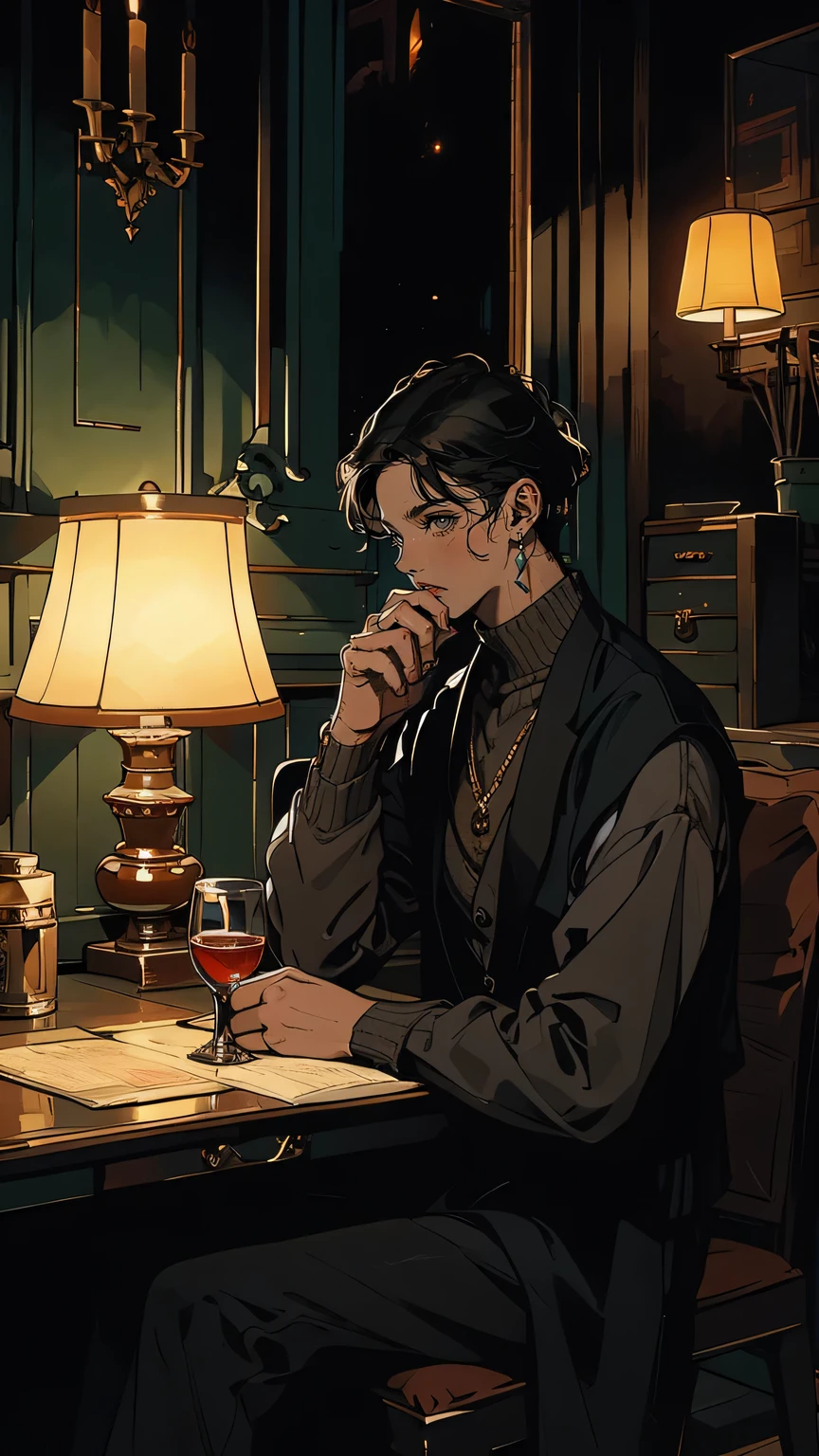 “A dark, lavish study in the Russo family villa, filled with heavy wooden furniture, old books, and expensive artwork. Vittorio Russo sits at a large mahogany desk, illuminated by a single desk lamp. His expression is cold and calculating as he reviews a secret map of Ferrini family assets, preparing to strike. Behind him, the room is dimly lit, with shadows creeping along the walls, hinting at the danger that lurks in his plans. A glass of red wine sits untouched on the desk, and through the window, the stormy night sky reflects the brewing conflict.”