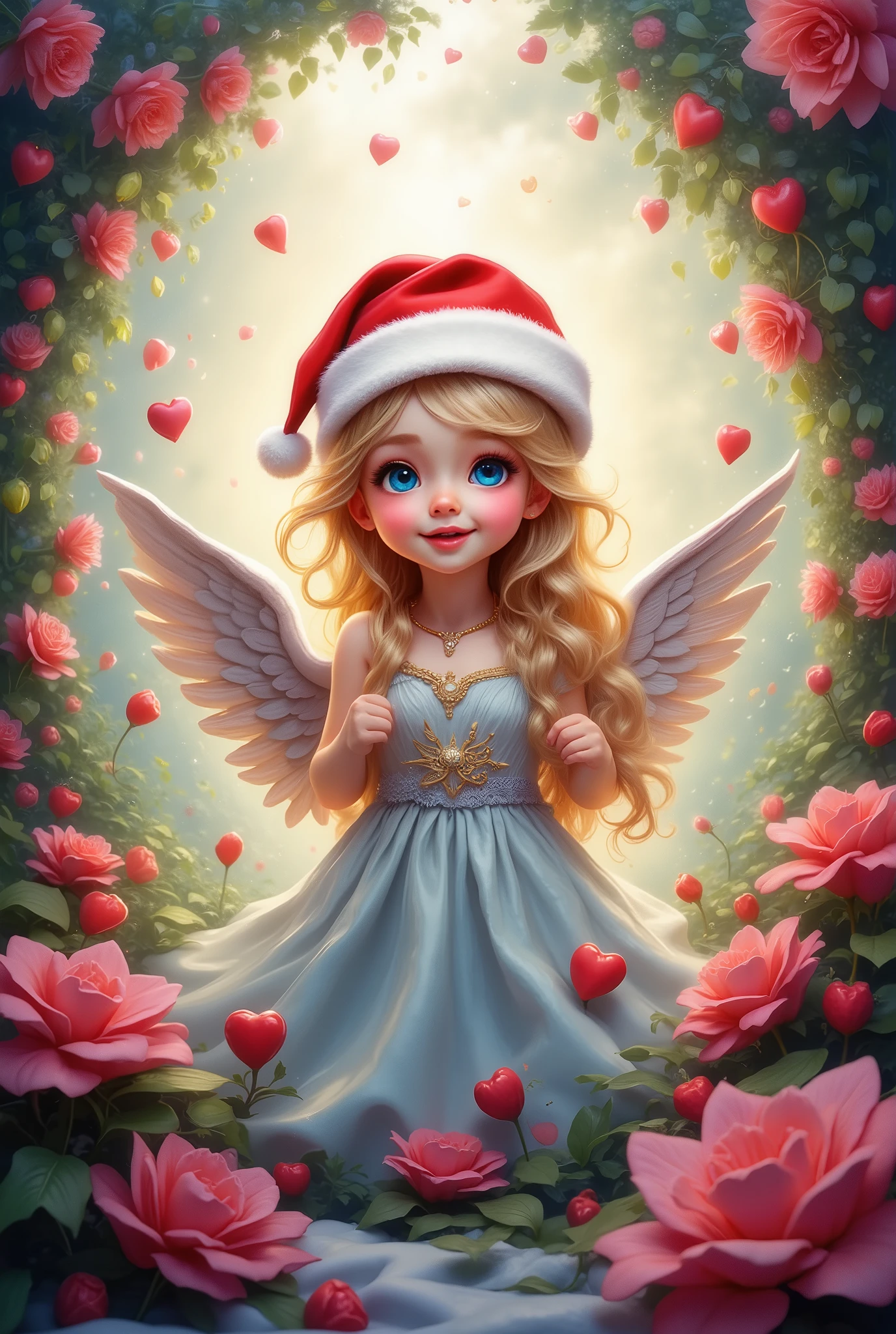 Angel,  Girl in a Christmas Hat with Beautiful Wings, Cute Charming ,  blond hair, hearts, bright colors, Floral background , SOFT COLORS, tender,  complex textures ,  Lots of Details ,  masterpiece fails, 8 k,  better quality ,