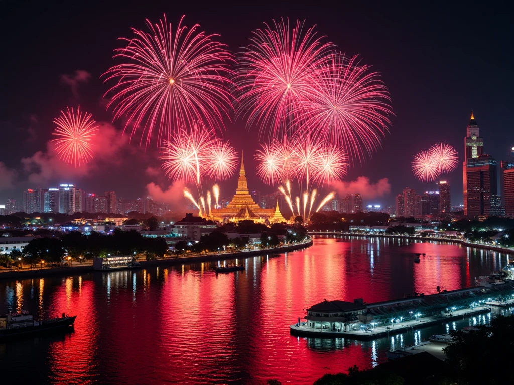 (masterpiece: 1.3), (8k, photorealistic, RAW photo, best quality: 1.4), camera angle from top, A modern Thai riverside New Year celebration, the iconic Wat Arun temple in the background, a large neon "Happy New Year 2025" ,(colorful fireworks over bangkok skyline and wat arun, chao phraya river, thailand)