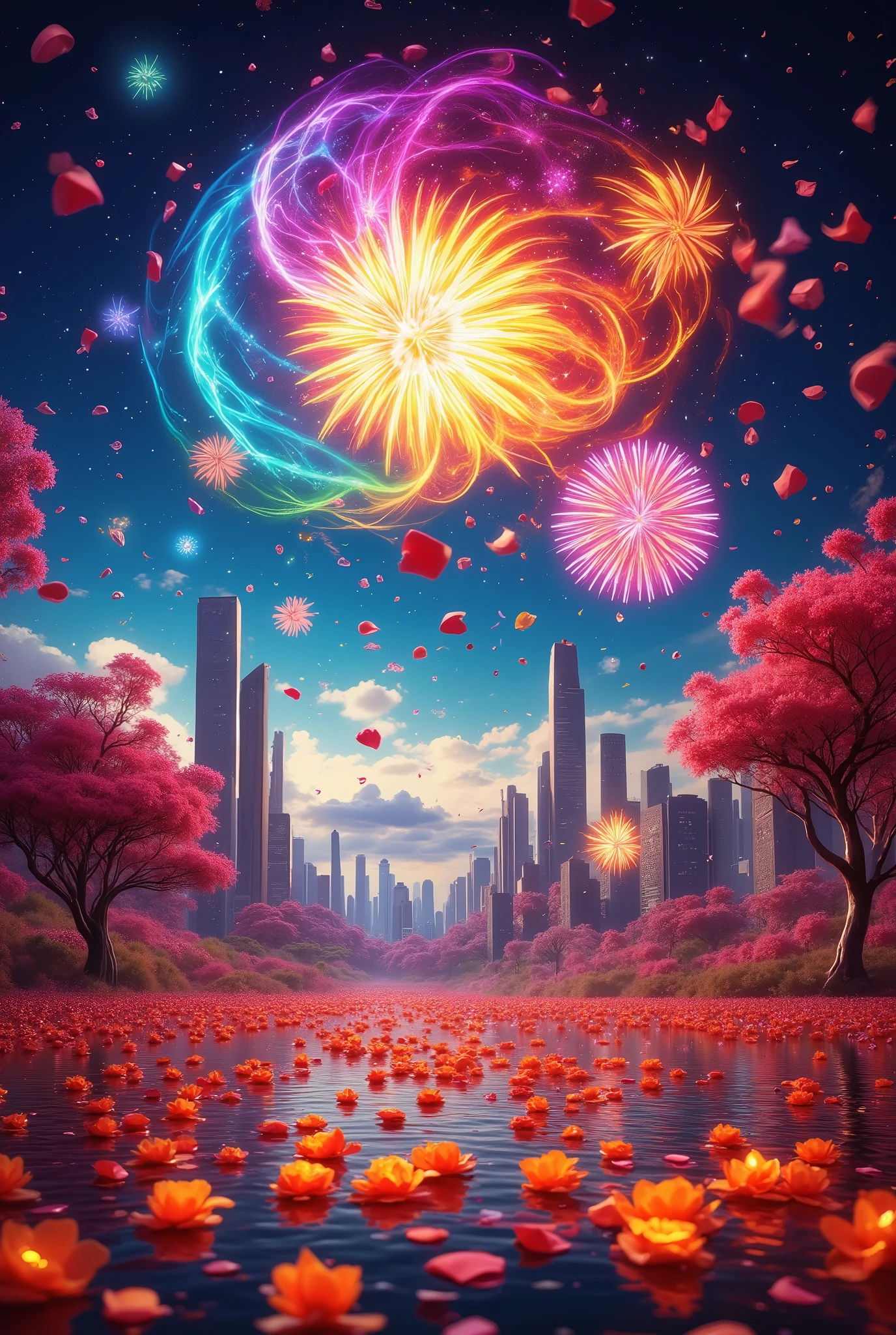  Very Beautiful Gentle Background of Flowers and Linden with Wastewater,  Petals swirl very beautifully Beautiful fireworks , gentle warm ,  Colorful ,  better quality ,  maximum quality, 8 k,  complex details ,