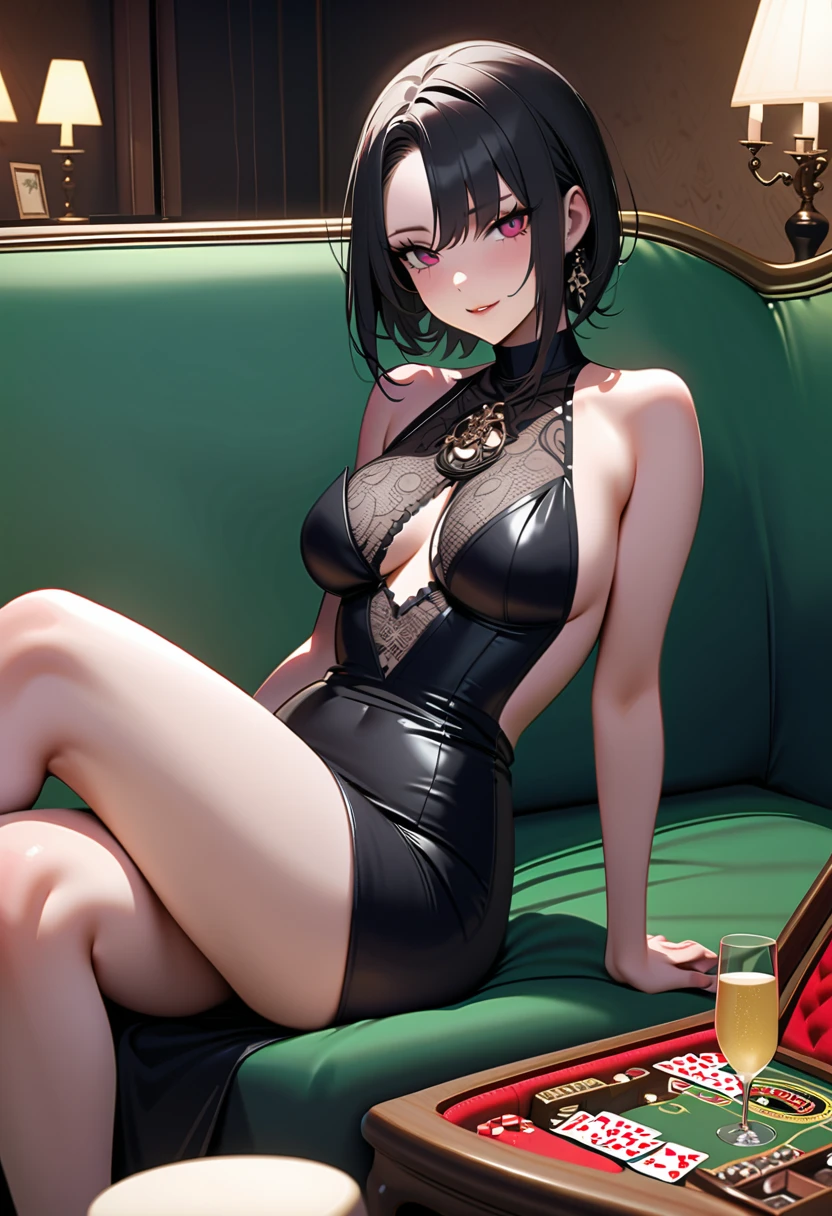 female with green fringe style bob haircut , fubuki, 1girl, alcohol, alternate costume, armlet, bare shoulders, black background, ((black dress)),((black thighhighs)), large breasts, cleavage, criss-cross halter, cup, dress, drinking glass, flower, gradient background, halterneck, holding, holding cup, large breasts, looking at viewer, solo, thighhighs, thighs, wine, wine glass, ((masterpiece)) pleated red skirt, sitting,