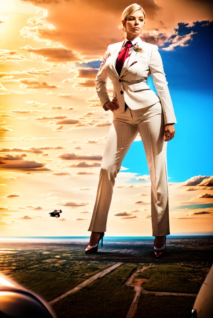 view from outer space of an approaching young giga giantess, Giantess art, 500 miles tall giga giantess, young white sophisticated and stylish woman in a blue italian trouser suit, form fitting crisp office shirt, and a large wide pasiley red necktie in a large windsor knot, with a beautiful, curvaceous figure, large natural breasts, white ginger hair in a very long ponytail, with a curvaceous figure and massive breasts. wearing rounded court high heels with uncovered feet and standing, rampage-like pose, with a city skyscrapers background of mega-city, skyscapers, bright mid day sun, cloudy atmosphere. The image is a high-resolution, masterpiece-quality, cinematic, ultra-detailed, and hyper-photorealistic photograph, with perfect hands, face, and lighting. ultra-detailed, 8K, photo-realistic, hyper-realistic, masterpiece, intricate details, full body view. Looking pasted camera, The image is a high-resolution, masterpiece-quality, cinematic, ultra-detailed, and hyper-photorealistic photograph, with perfect hands, face, and lighting. ultra-detailed, 8K, photo-realistic, hyper-realistic, masterpiece, intricate details, from far down below