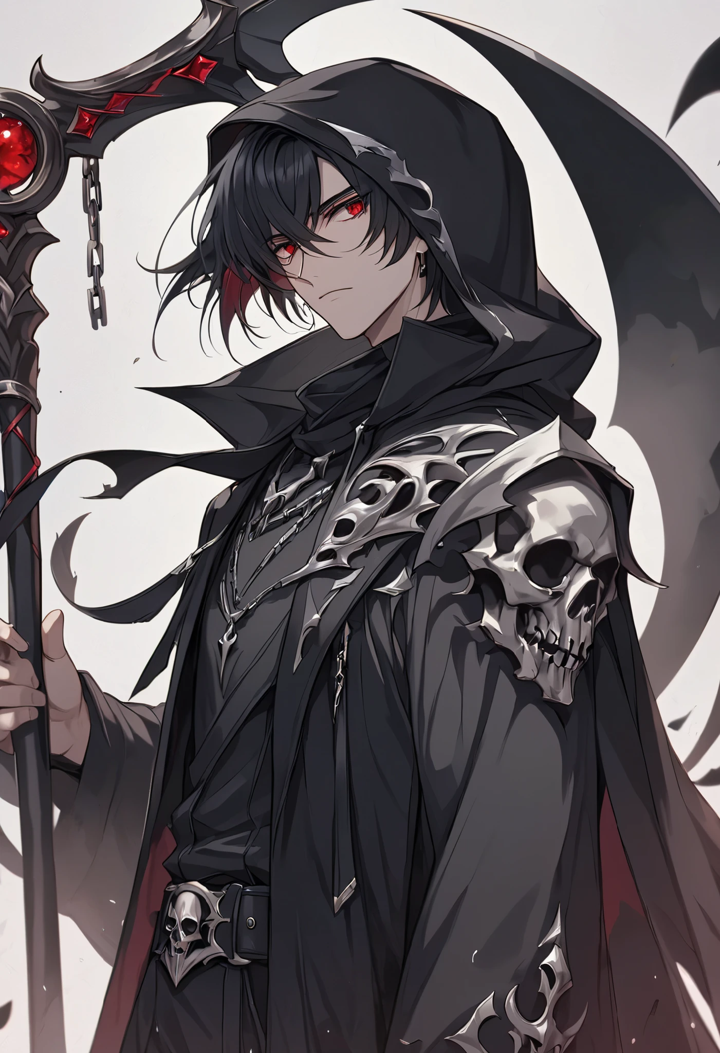 solo, handsome, 1 male, black coat, short hair, black hair, red eyes, black hood, black scythe, grim reaper, scythe, fantasy clothing
