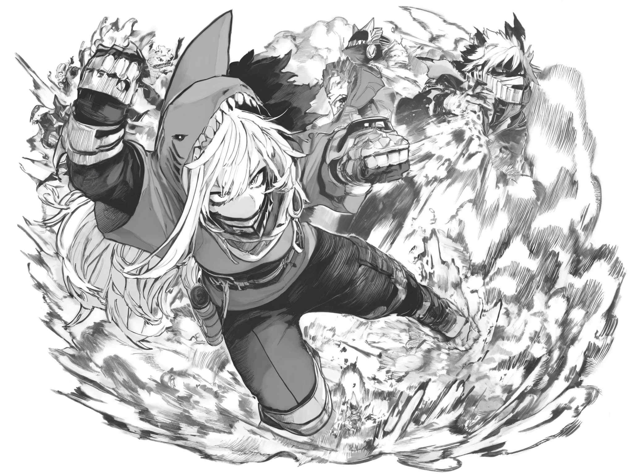 score_9, score_8_up, score_7_up, score_6_up, score_5_up, score_4_up, Kohei Horikoshi, My Hero Academia, kentaro_miura_style, monochrome, greyscale
BREAK
(masterpiece: 1.0), best quality, monochrome, greyscale, crosshatching, directional hatching, gradients in shading, perfection, highly detailed hatching /texture/, extremely shaded
BREAK
1girl, Asian, long detailed hair, dynamic pose, foreshortening, shark finned gauntlets, shark finned hoodie, mask, action pose, high angle, 