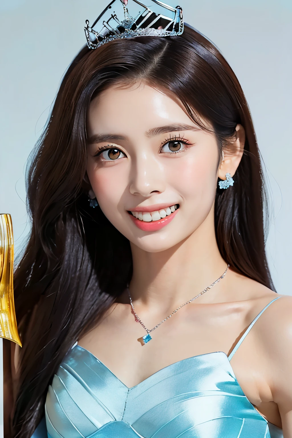 (masterpiece:1.4)),(best quality:1.4),(ultra-detailed:1.4),(unity 8k wallpaper:1.4)(( top quality )),(( realistic details from blow , table top in bed:1.0, high res:1.3, realistic :1.4,8k,  RAW photos :1.23)),(( 1 very thin 18-year-old Japanese beauty with very small breasts :1.2675)), beautiful symmetrical detailed black eyes :1.24, wearing luxurious earrings, necklace, and ring {x} simple and very beautiful gorgeous makeup:1.27,((smile:1.22, happy expression:1.36, beautiful teeth alignment at volcanoes:1.29,)),((Shiny Tiara:1.2,Shiny brown hair:1.4, arranged long hair :1.32,bangs:1.25)),(Thin, slightly thin, thin eyebrows:1.22),( shiny detailed fair skin :1.24,oily skin:1.3),(((A luxurious award ceremony :1.65)),(((see here:1.23,  Super close-up of a face showing only the upper body:1.72))), movie lighting:1.2, spotlights from the front and bottom :1.2,(((super tight princess dress :1.24, shiny light blue satin fabric :1.45)),((tall, very slender body :1.74)),(((Fine abdominal muscles:1.55))),((( very small breasts with no bulge:2))),(Broad shoulders:1.32),((Very thin thighs:1.89)),(( tight little butt:1.42)),(( Slim waist:1.35,Short, narrow waist:1.35)),(Center composition from the front:1.35),( perfect beautiful face with simple and very beautiful gorgeous makeup :1.25),((Holding a trophy:1.25))