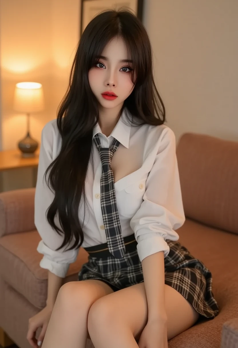 25-year-old Korean girl, 4K masterpiece details, deep focus, clear focus, face details, light hits her skin making her stand out (night light), natural breasts, white tight shirt, plaid tie, plaid short pleated skirt, beautiful thighs, sitting in a sexy pose on a sofa, full body