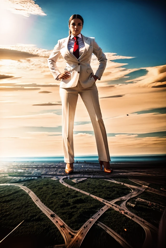 view from outer space of an approaching young giga giantess, Giantess art, 500 miles tall giga giantess, young white sophisticated and stylish woman in a blue italian trouser suit, form fitting crisp office shirt, and a large wide pasiley red necktie in a large windsor knot, with a beautiful, curvaceous figure, large natural breasts, white ginger hair in a very long ponytail, with a curvaceous figure and massive breasts. wearing rounded court high heels with uncovered feet and standing, rampage-like pose, with a city skyscrapers background of mega-city, skyscapers, bright mid day sun, cloudy atmosphere. The image is a high-resolution, masterpiece-quality, cinematic, ultra-detailed, and hyper-photorealistic photograph, with perfect hands, face, and lighting. ultra-detailed, 8K, photo-realistic, hyper-realistic, masterpiece, intricate details, full body view. Looking pasted camera, The image is a high-resolution, masterpiece-quality, cinematic, ultra-detailed, and hyper-photorealistic photograph, with perfect hands, face, and lighting. ultra-detailed, 8K, photo-realistic, hyper-realistic, masterpiece, intricate details, from far down below