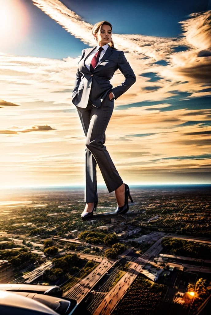 view from outer space of an approaching young giga giantess, Giantess art, 500 miles tall giga giantess, young white sophisticated and stylish woman in a blue italian trouser suit, form fitting crisp office shirt, and a large wide pasiley red necktie in a large windsor knot, with a beautiful, curvaceous figure, large natural breasts, white ginger hair in a very long ponytail, with a curvaceous figure and massive breasts. wearing rounded court high heels with uncovered feet and standing, rampage-like pose, with a city skyscrapers background of mega-city, skyscapers, bright mid day sun, cloudy atmosphere. The image is a high-resolution, masterpiece-quality, cinematic, ultra-detailed, and hyper-photorealistic photograph, with perfect hands, face, and lighting. ultra-detailed, 8K, photo-realistic, hyper-realistic, masterpiece, intricate details, full body view. Looking pasted camera, The image is a high-resolution, masterpiece-quality, cinematic, ultra-detailed, and hyper-photorealistic photograph, with perfect hands, face, and lighting. ultra-detailed, 8K, photo-realistic, hyper-realistic, masterpiece, intricate details, from far down below